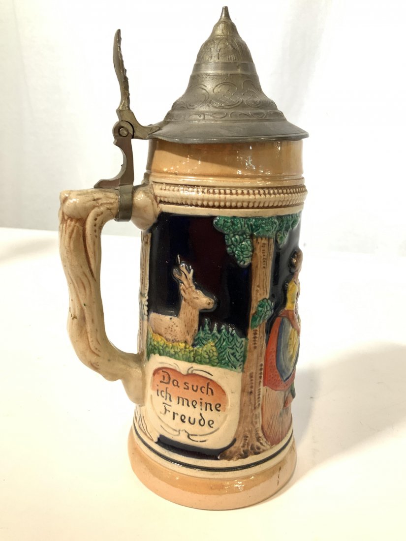 Lidded German Ceramic Beer Stein: Lid has dent, marked underside western Germany, Stein, mug, tankard, German ceramics, ht app 9.5 inches, bar ware