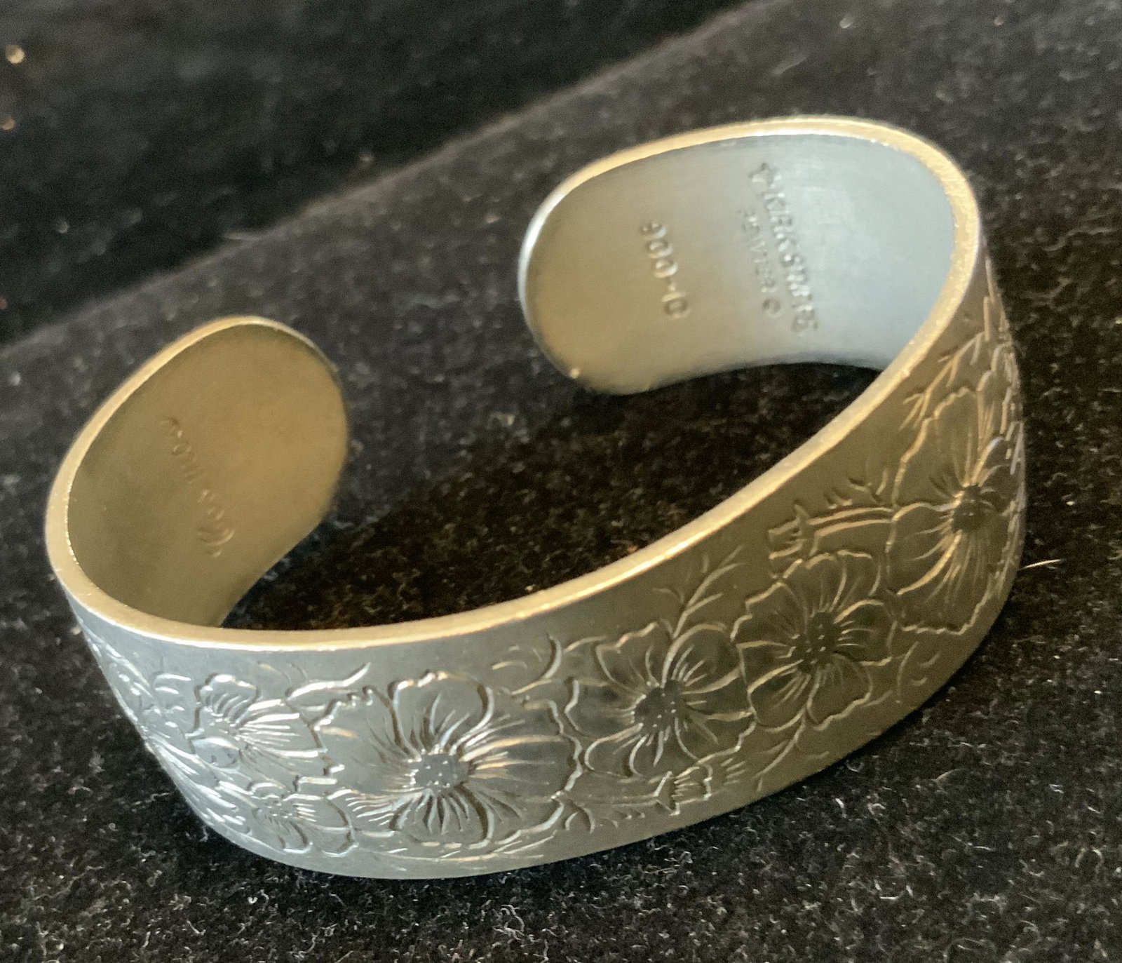 KIRK STEIFF Pewter Vintage Cuff Bracelet: Etched into bracelet reads Kirk STEIFF Pewter, 900-10, and inscribed Cosmos, hand etched Art Nouveau Design, width of bracelet app one inches, designer vintage jewelry, estate jewelry, cuff bracelet