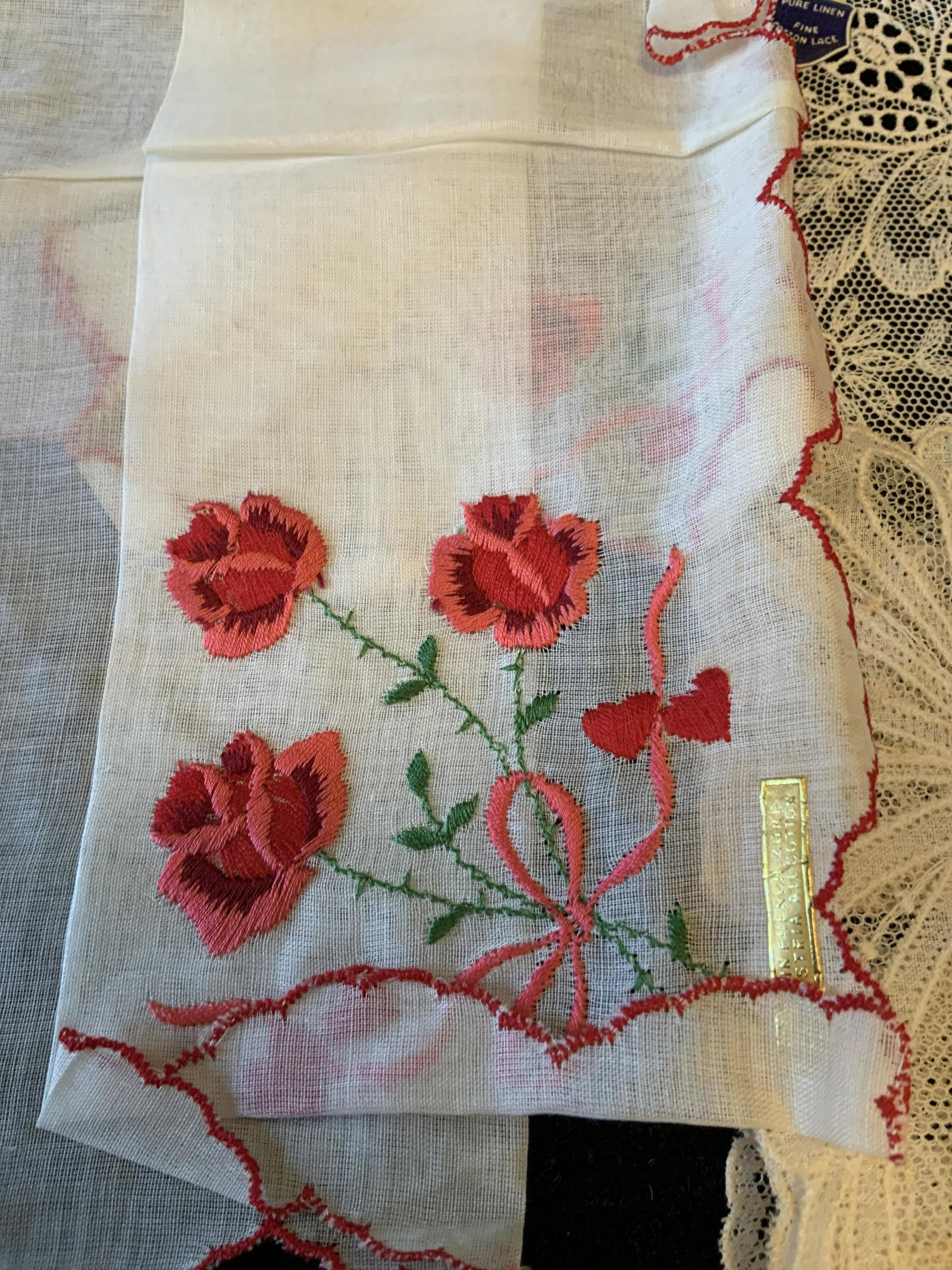 Vintage French Lace Linens Handkerchiefs: Collectible linens, handkerchiefs, in box that reads Macy’s 100th anniversary, some with labels, lace, embroidery and more, box measures 9 inches square