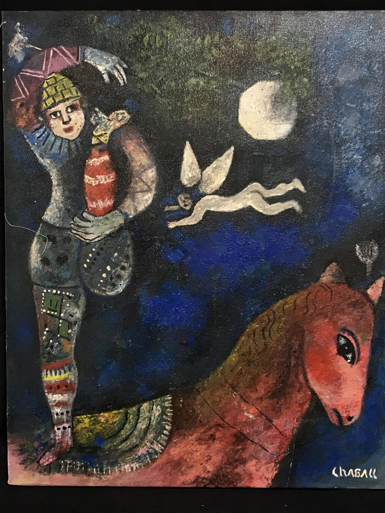 Signed Oil on Canvas AFTER Marc Chagall: Signed oil on canvas AFTER Marc Chagall, signature in white in the lower right corner reads Chagall, Please Note: All lots that do not carry established documented provenance nor any past record of au