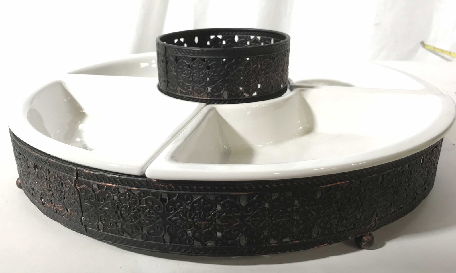 Sectioned Hors doeuvres platter: metal new tableware, never used from Westchester ceramics store, metal stand and surround with fitted porcelain ceramic serve pieces, measures diameter app 17 inches tableware, serving vessel, centerp