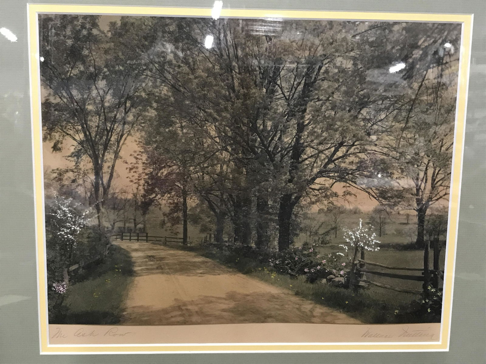 Signed & Titled Print Wallace Nutting: Signed and titled print, signed in the lower right corner Wallace Nutting, titled in the lower left corner reads ‘The Ash Row’, subject dirt road lined with blossoming trees with a wooden fence, d