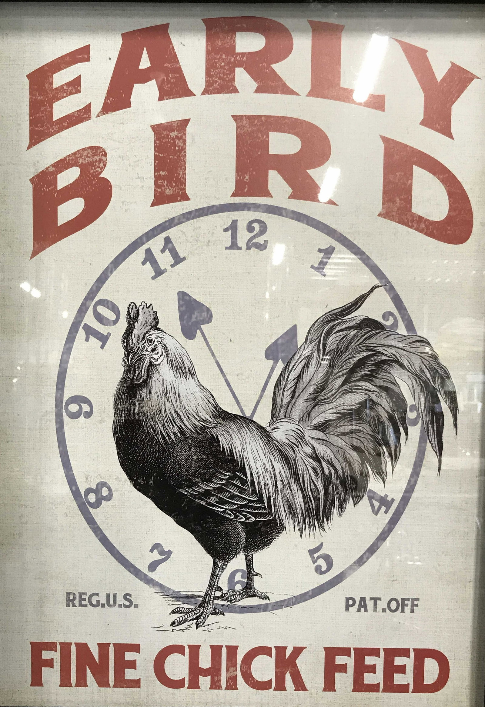 Framed Chick Feed Advertisement: Framed Advertisement, ad displays text and the head of a black and white chicken on a white and blue clock face, text on top center section reads ‘Early Bird’, text in lower section reads ‘Reg. 