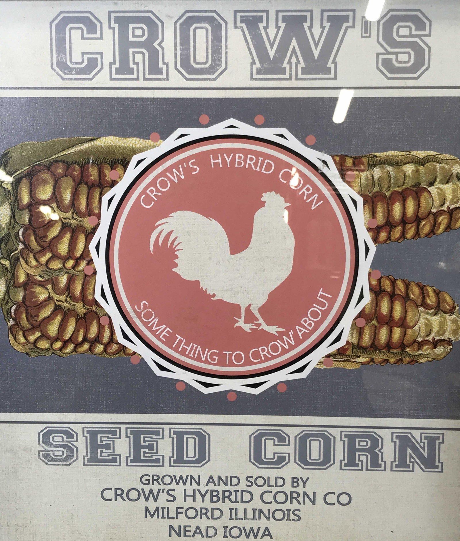 Framed Seed Corn Advertisement: Framed Advertisement, ad displays text with a rooster logo in red and white with corn in the background, Brand label reads reads ‘Crow’s Seed Corn’, text in lower section reads ‘Grown and sold