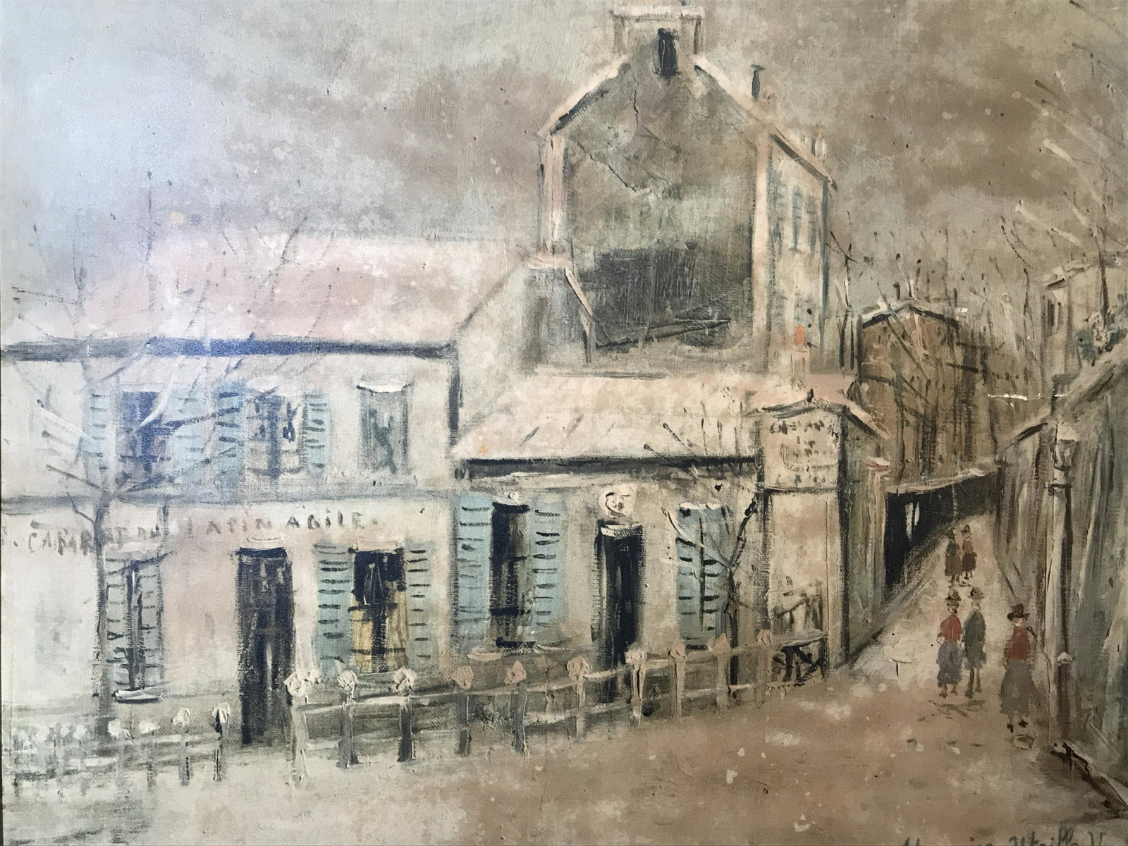 Signed Print of Painting Maurice Utrillo: Signed print of painting Maurice Utrillo, signature in the lower right corner reads Maurice Utrillo V, subject a abstract expressionist townscape with people walking the streets, over all color palett