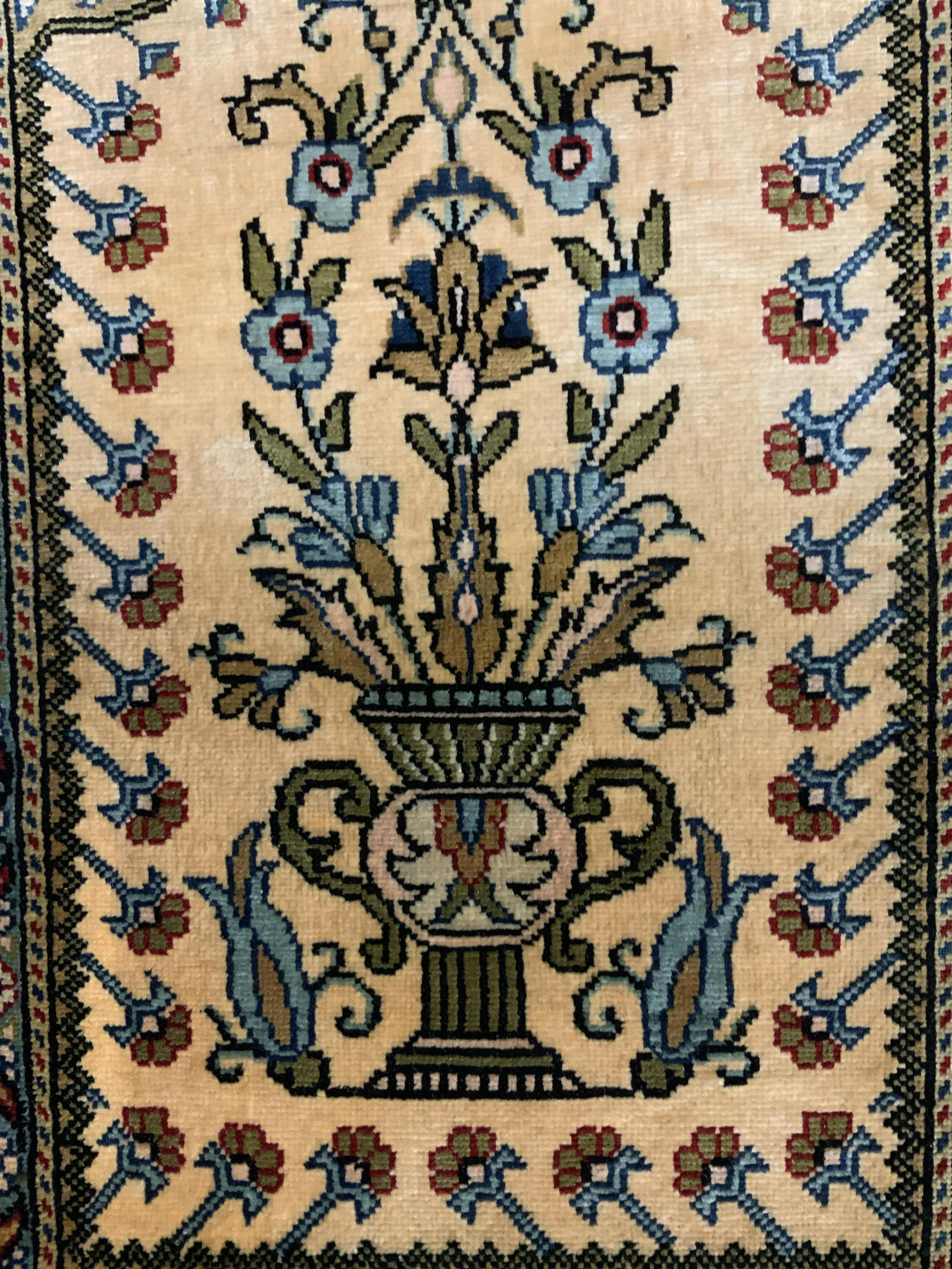 Silk Oriental Carpet Rug: Possibly hand made, silk multi toned throw rug or table ware, orientalism, orientalia, Asian arts and crafts, Asian decorative arts, measures 29 by 17 inches