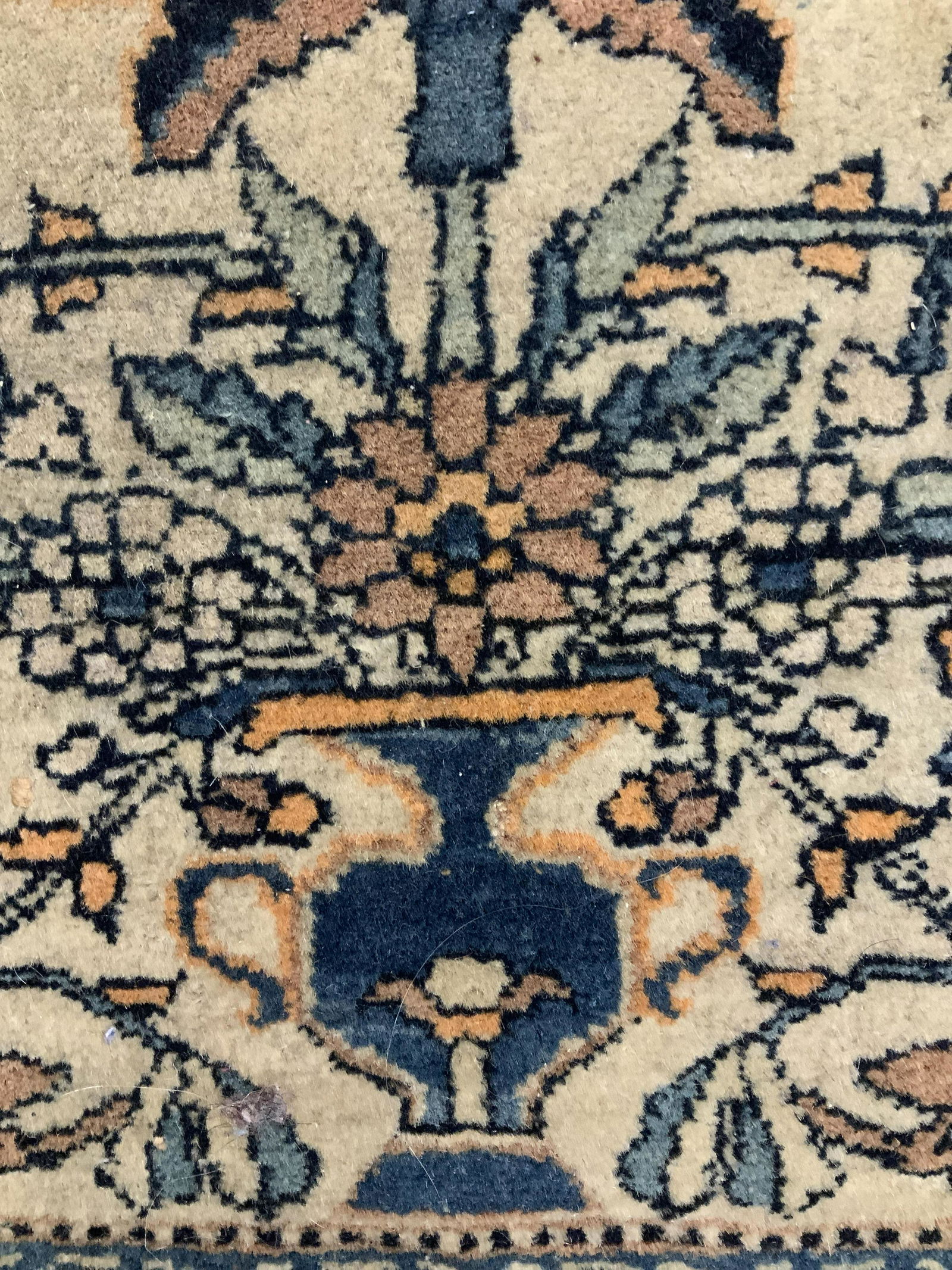 Hand Made Wool Oriental Carpet: Area rug, throw rug, table wear, carpet has wear, vintage possibly antique, property of New York City Estate, orientalism, orientalia, measures 29 by 21 inches