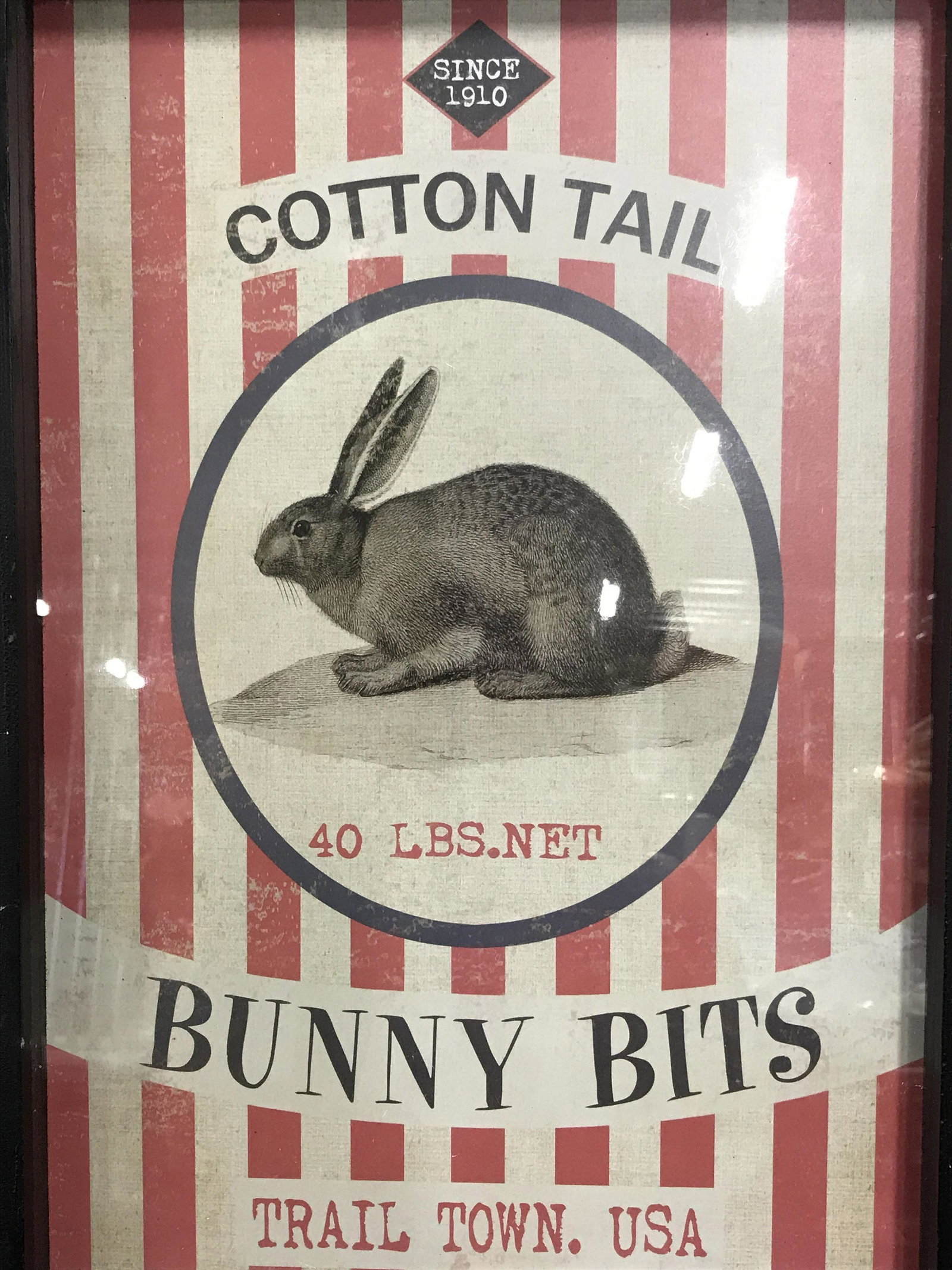 Framed Bunny Bits Advertisement New In Box: Framed Advertisement new in box, ad displays text and a black and white rabbit in a blue circle with red stripes, text on top center section reads ‘Since 1910 Cotton Tail’, text in lower section r