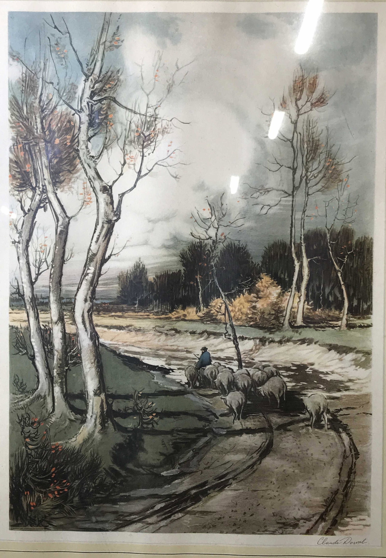 Signed Art Print Claude Dowal: Signed print possibly offset lithograph, signature in the lower right corner reads ‘Claude Dowal’, subject a figure in carriage with cattle on a dirt road with woods surrounding, lined borders on 