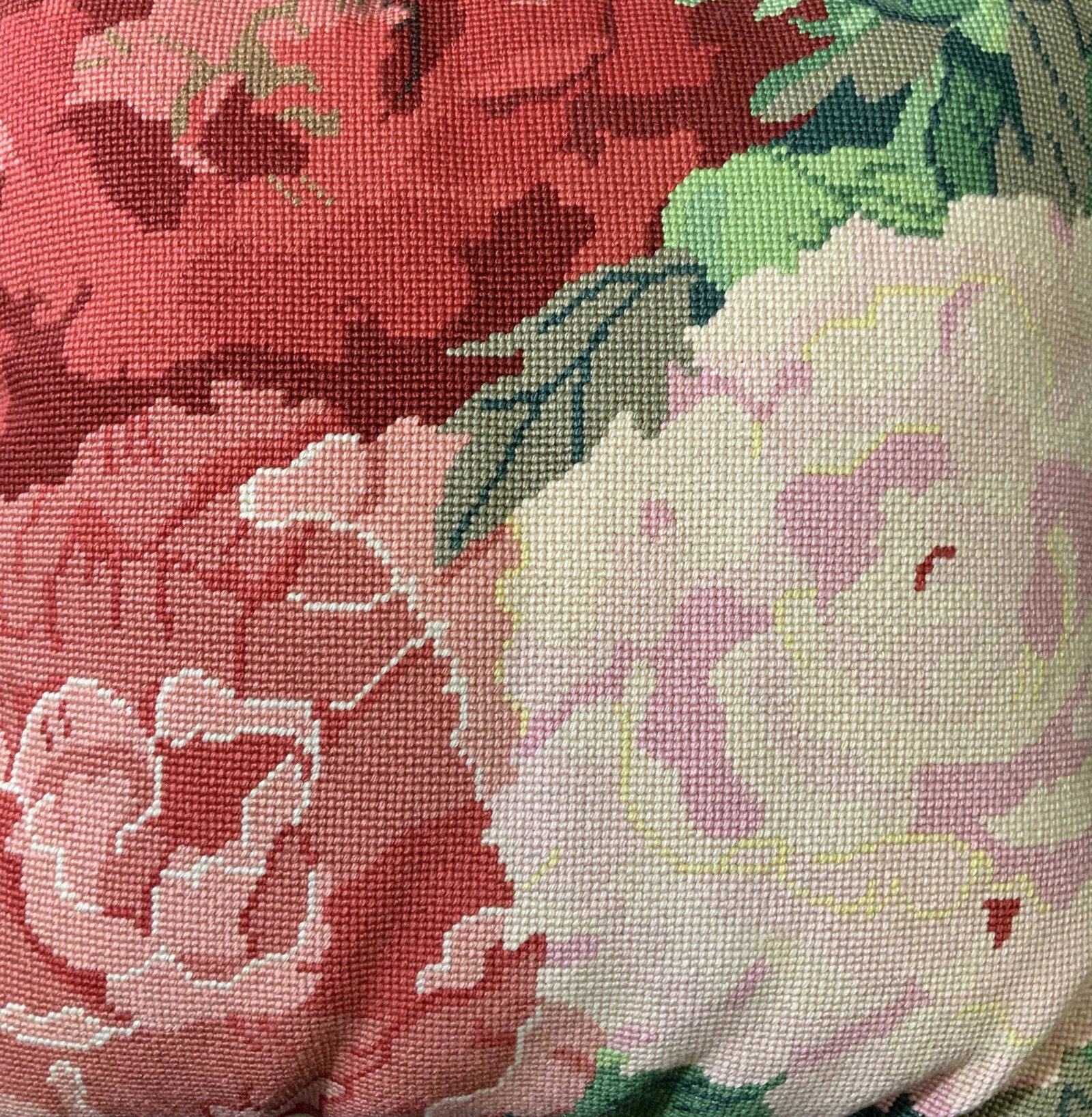Vintage Petit Point Pillow, Roses: Reds and pinks cabbage roses design, throw pillow, toss pillow decorative accessory, measures app 12 inches square