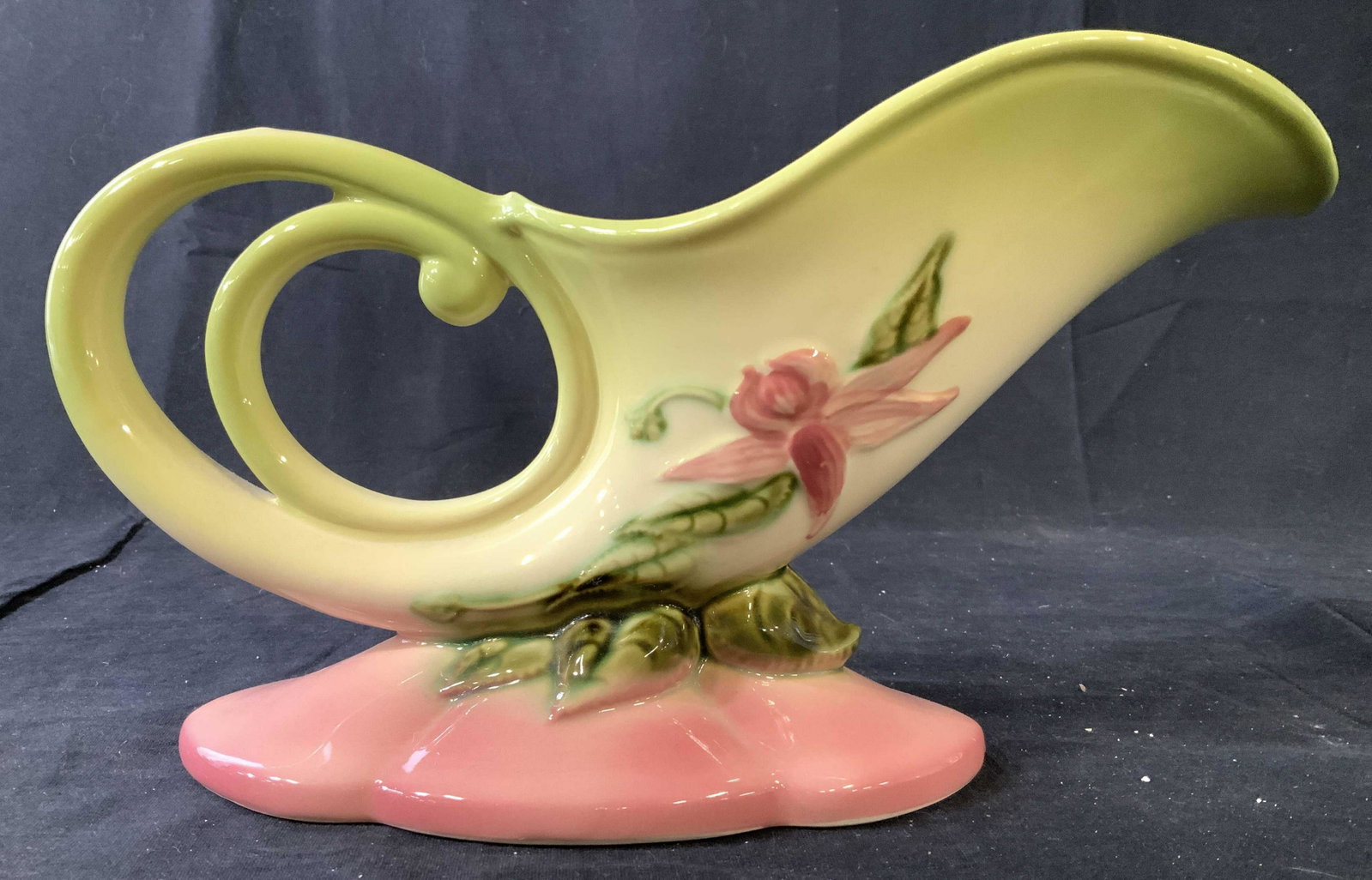 HULL W10-11 Collectible Pink Green Pottery: Porcelain pottery vessel, vase, bowl, horn shape, cornucopia, table ware, made in USA, signed underside, art nouveau style, decorative accessory, decorative object, measures ht 8 inches length app 12 