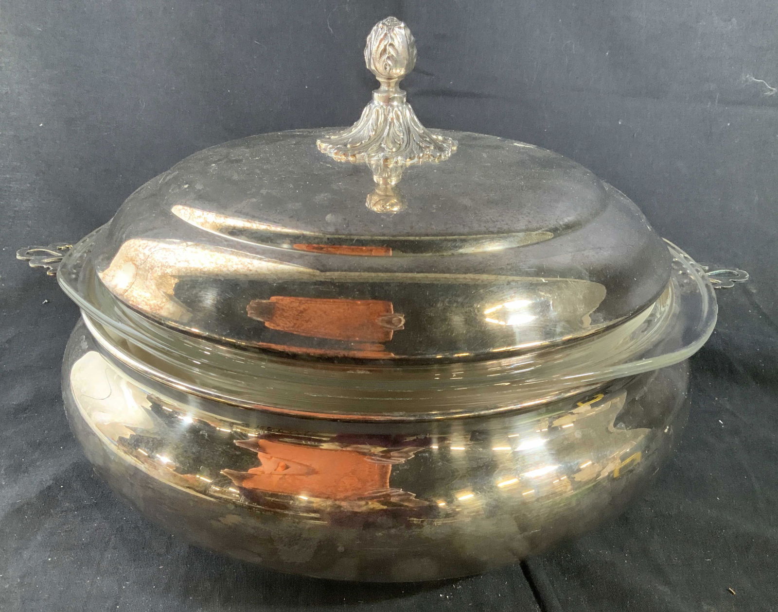 Sheffield Silver Plate Lidded Server: Signed Sheffield, made in USA, Silver plate bowl with Pyrex glass insert, open work handles lid with finial, servers buffet piece, lidded bowl, silver plate table ware, measures ht 9 inches diameter a