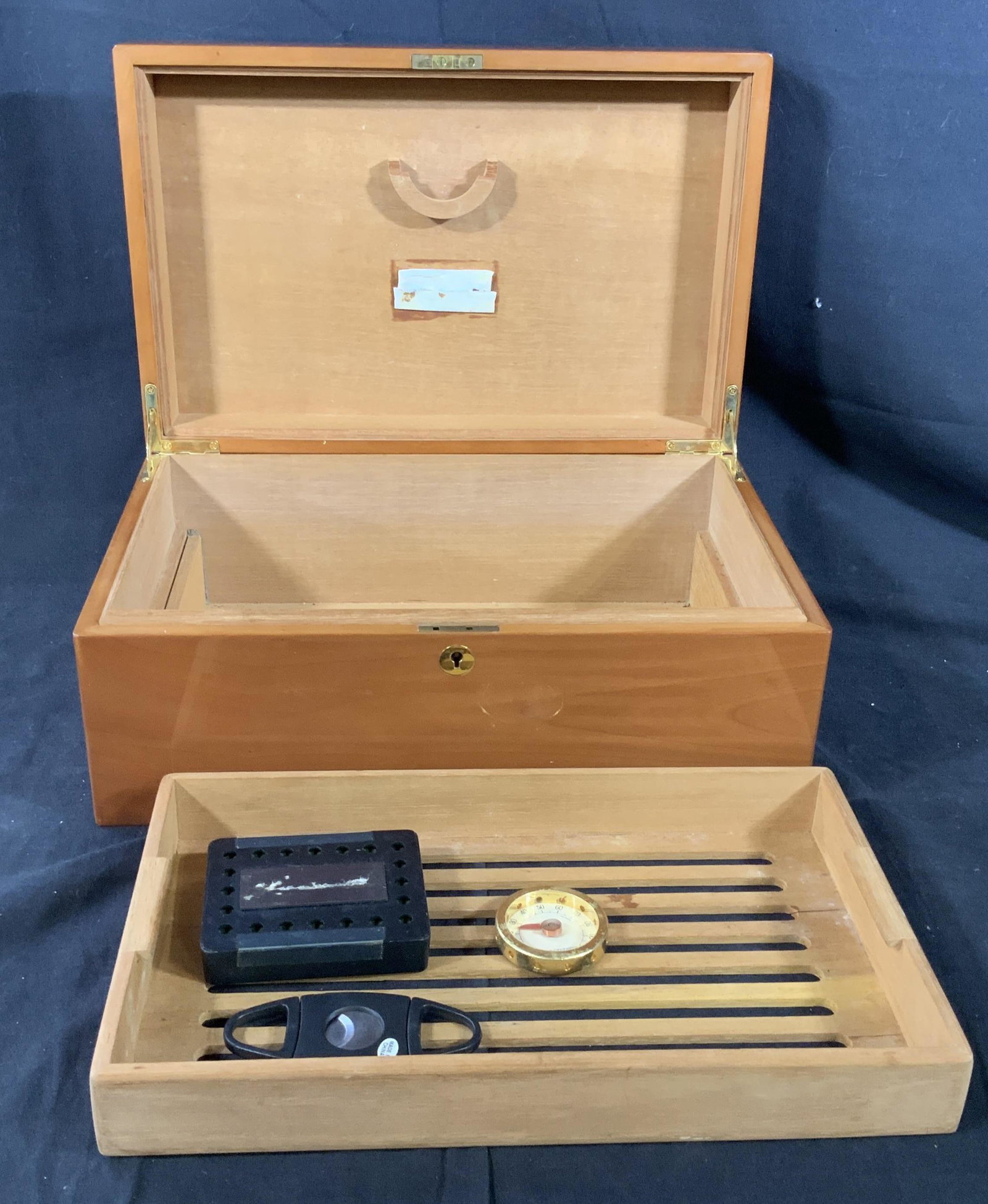Rocket Box Lacquered Wood Humidor: With removable shelf, cigar clipper, , ticket hygrometer, and humodor. 15, box measures closed ht 6 inches, top 14 by 9 inches, humidor, decorative box, cigar accessories,