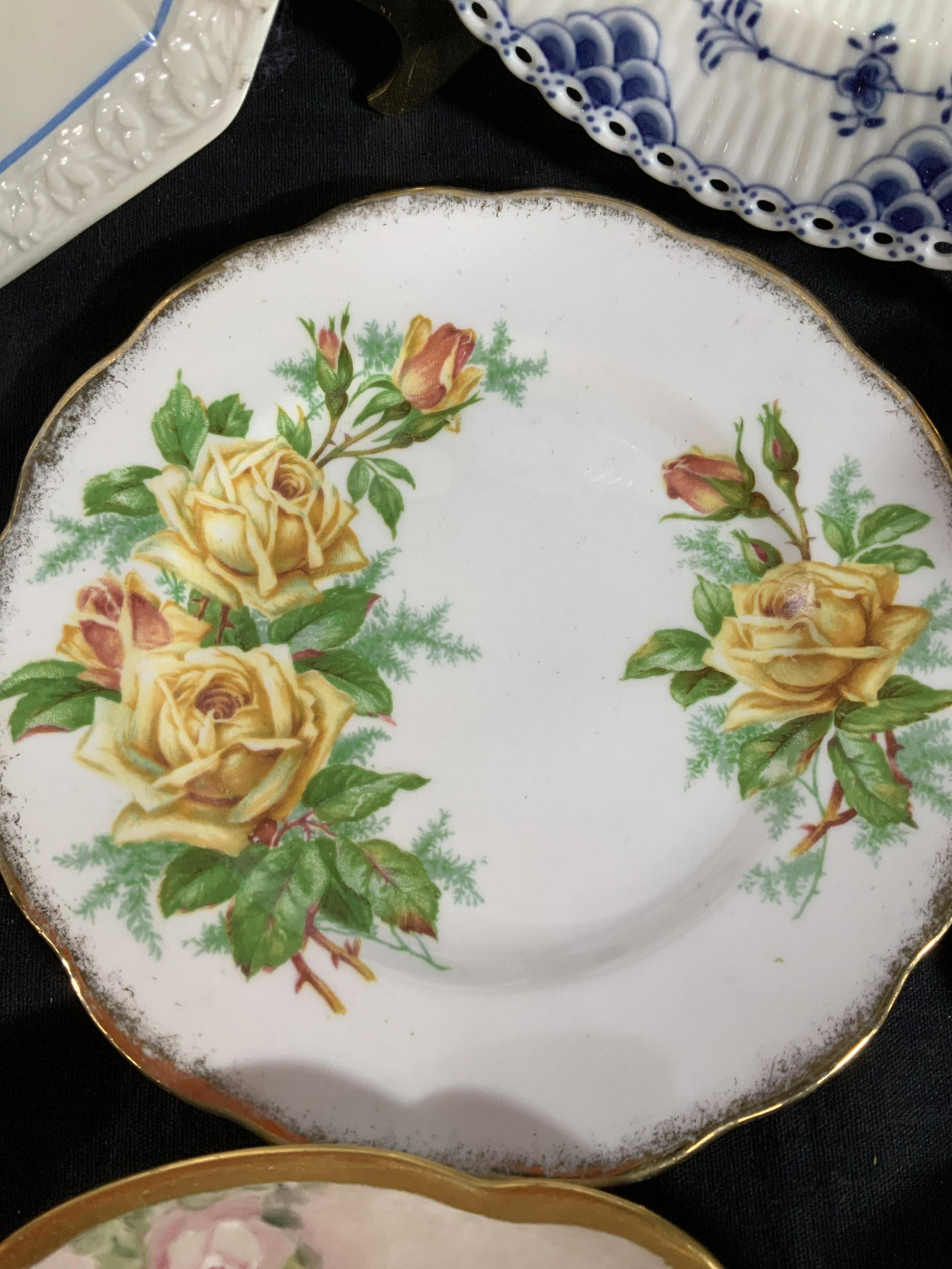 Group Lot Vintage Porcelain Table ware: Different markings underside, lot includes, plates, dishes, platters, tea cups, saucers, bowls, England, France, Germany, Royal Copenhagen Denmark Rosenthal, bavaria, France, and more, over 30 pieces,