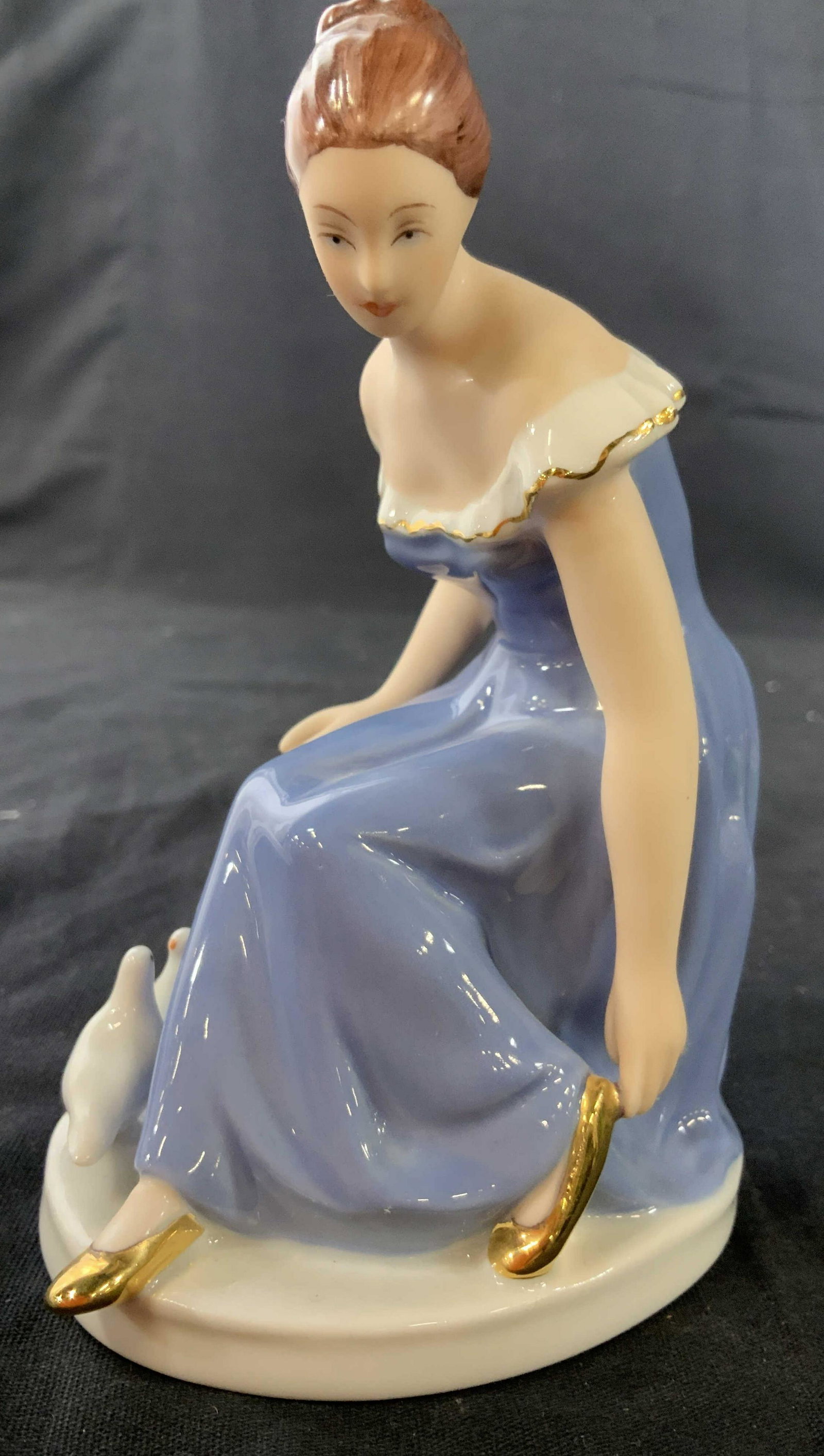 Hand Painted Porcelain Female Figural: Marked trademarked underside, illegible, measures ht 6 inches, tabletop decor, decorative arts and accessories, home accent, shelf piece, collectible porcelain