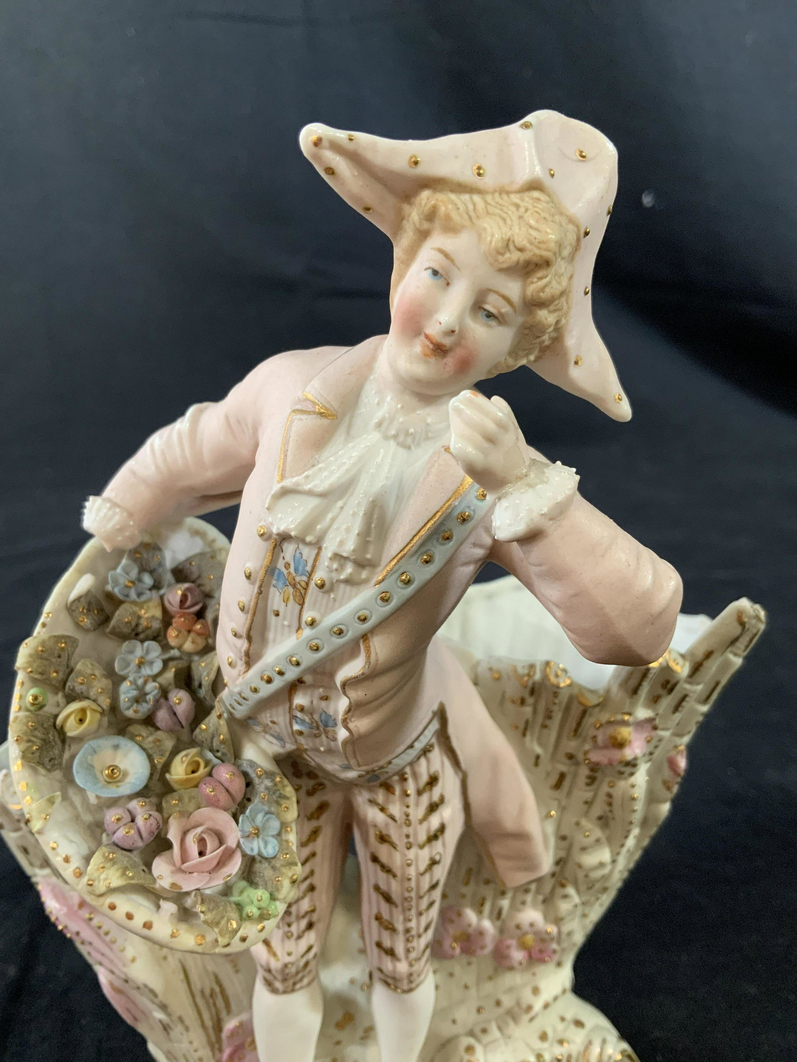 Vintage Bisque Porcelain Figural Vase: Collectible porcelain, table ware, porcelain figural Victorian attire, measures ht 8 inches width 6 inches , carry baskets form at back of figural as vases, vessels, bowls, hand painted, gold accents,