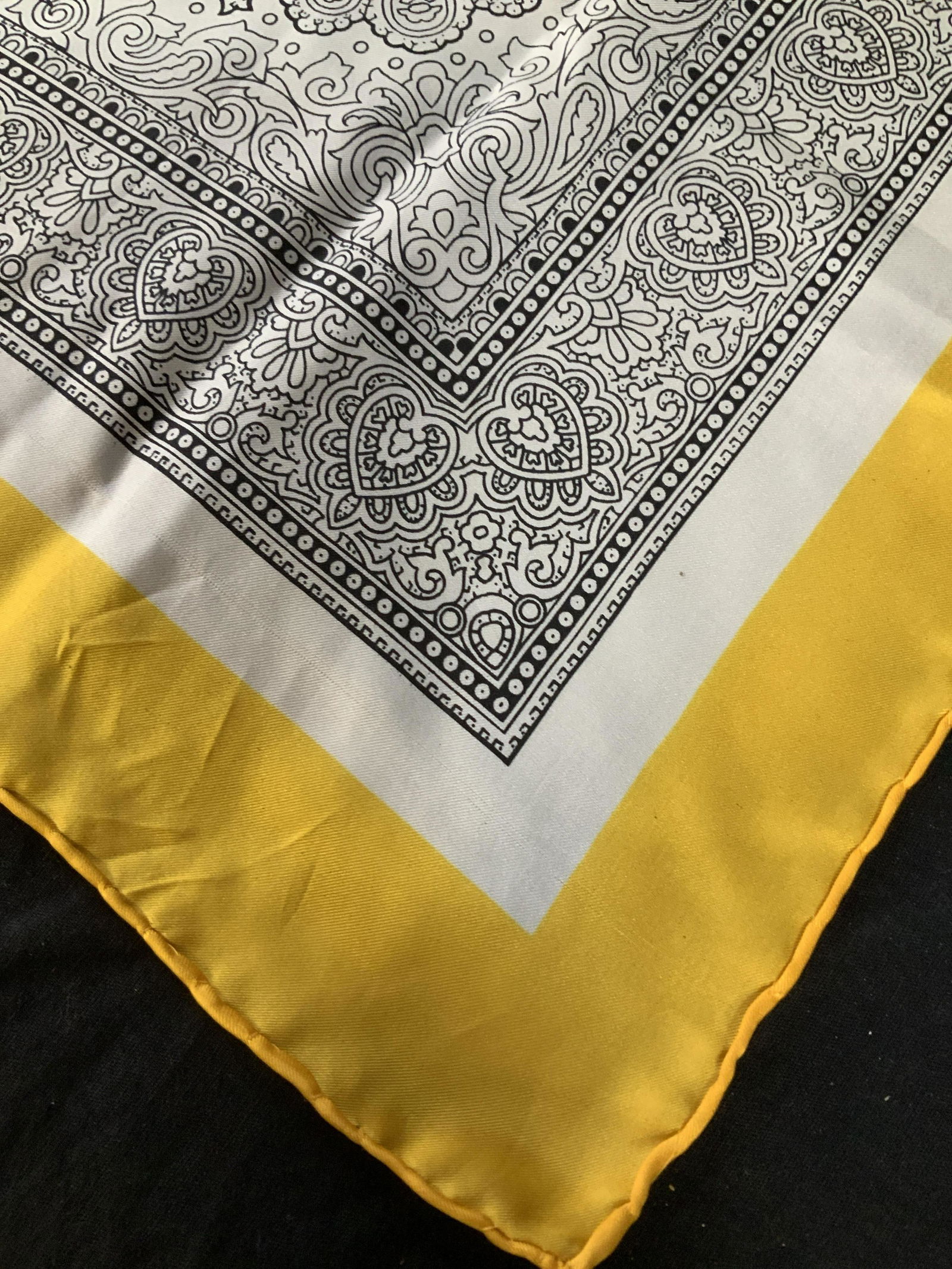 Vintage Black White Yellow Silk Scarf: Fashion accessory, wearable, neck wear, head wear, sash, belt, vintage silk scarf, measures app 26 inches square