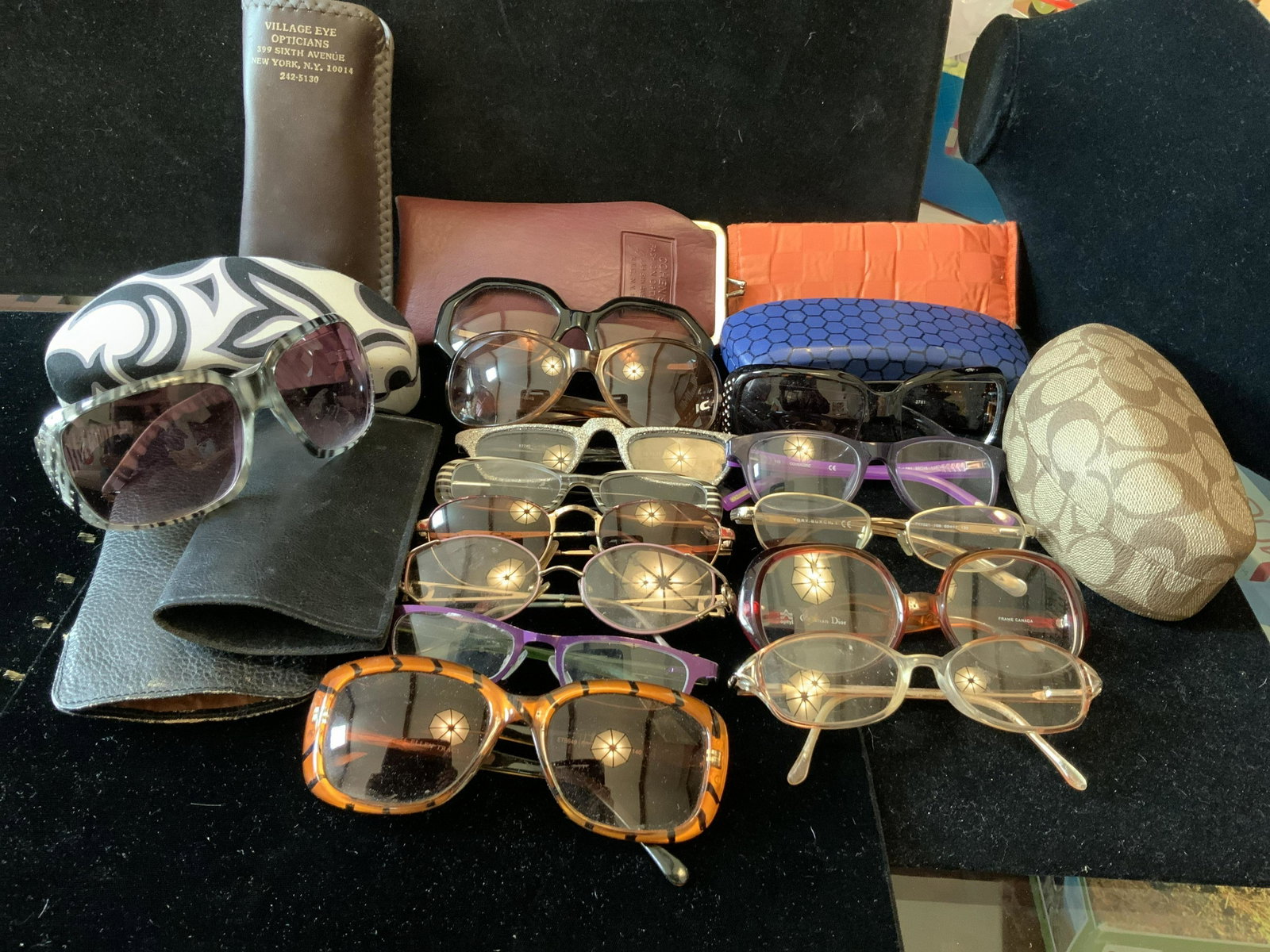 Group Lot Vintage Designer Eye Glasses w Cases: Cases from New York City Shops, some glasses per riot ion,faux tortoise rims, silver glittery rims Oscar de la Renta, green frames, purple, metal, stone accented frames, rhinestone, Covergirl, Tory Bu