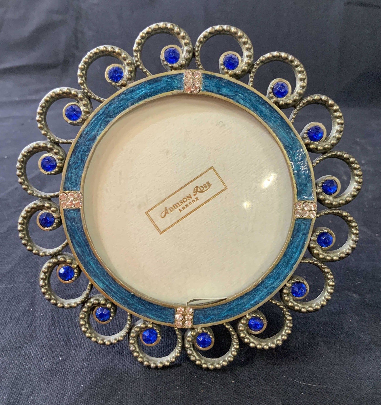 ADDISON ROSS London Bejeweled Picture Frame: Silver toned, enamel and Blue Rhinestones, diameter app 5 inches, decorative arts and accessories, tabletop decor.