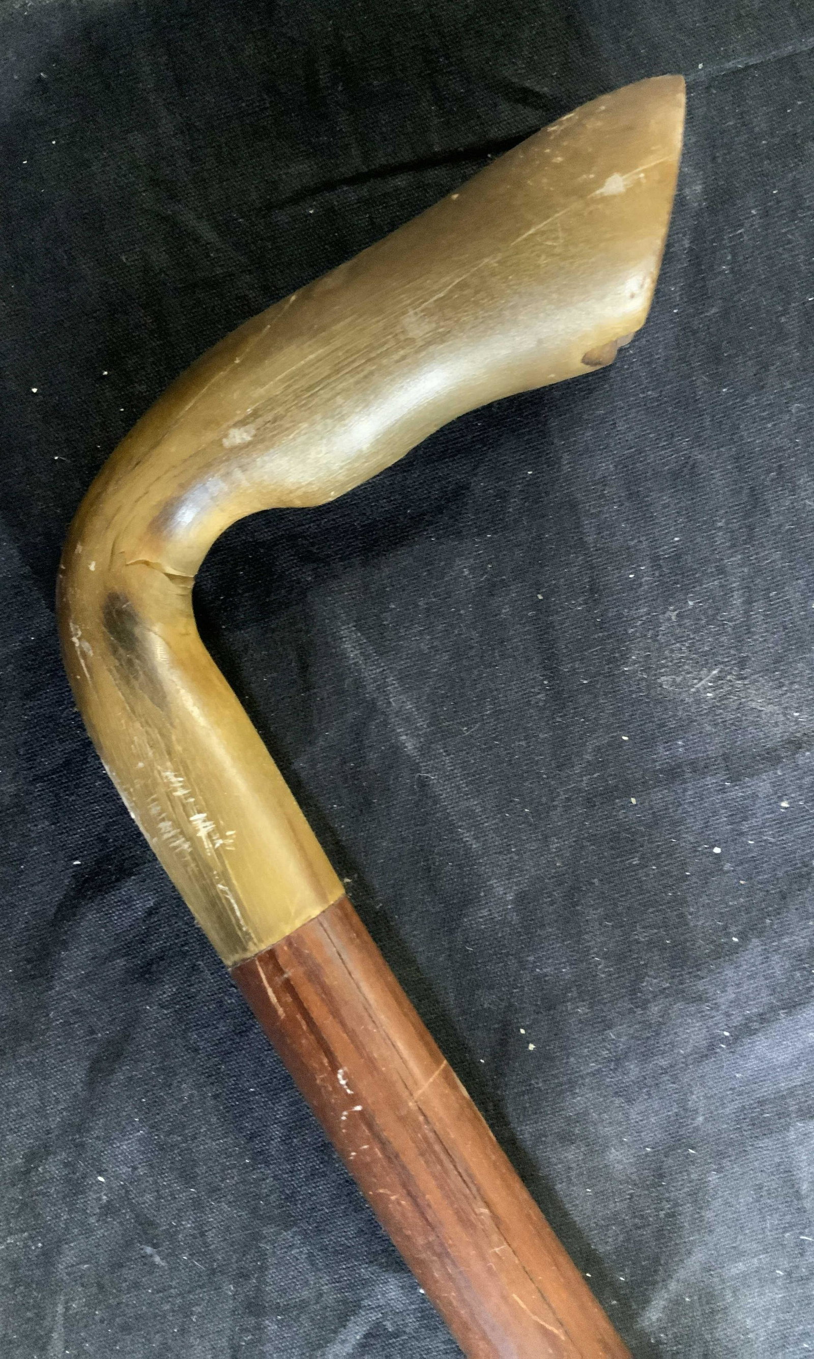 Animal Hoof Style Handled Walking Stick: Collectible cane, walking stick, decorative object with carved bone material styled as animal hoof, measures app 34 inches, arts and crafts, decorative arts
