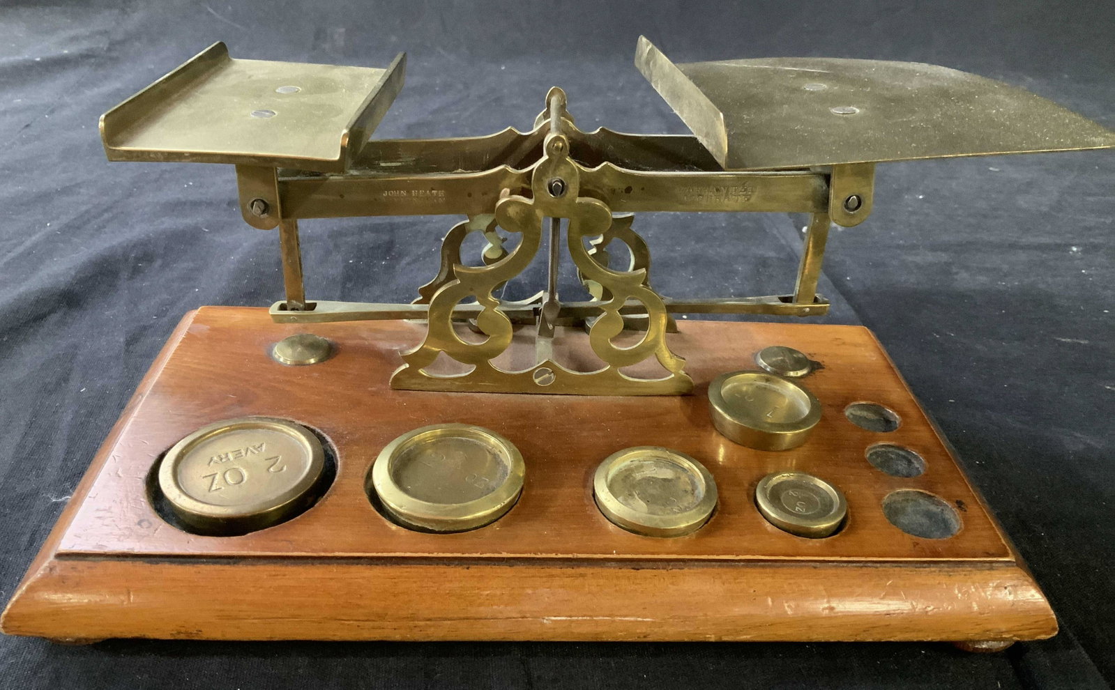 Vintage Wood Brass Kitchen Scale: Brass scale on wood base, vintage possibly antique, comes with 5 weights may not be original to piece, , measures app ht 5 inches, base 9 by 5 inches, marked John Heath, Birmingham, collectible, table