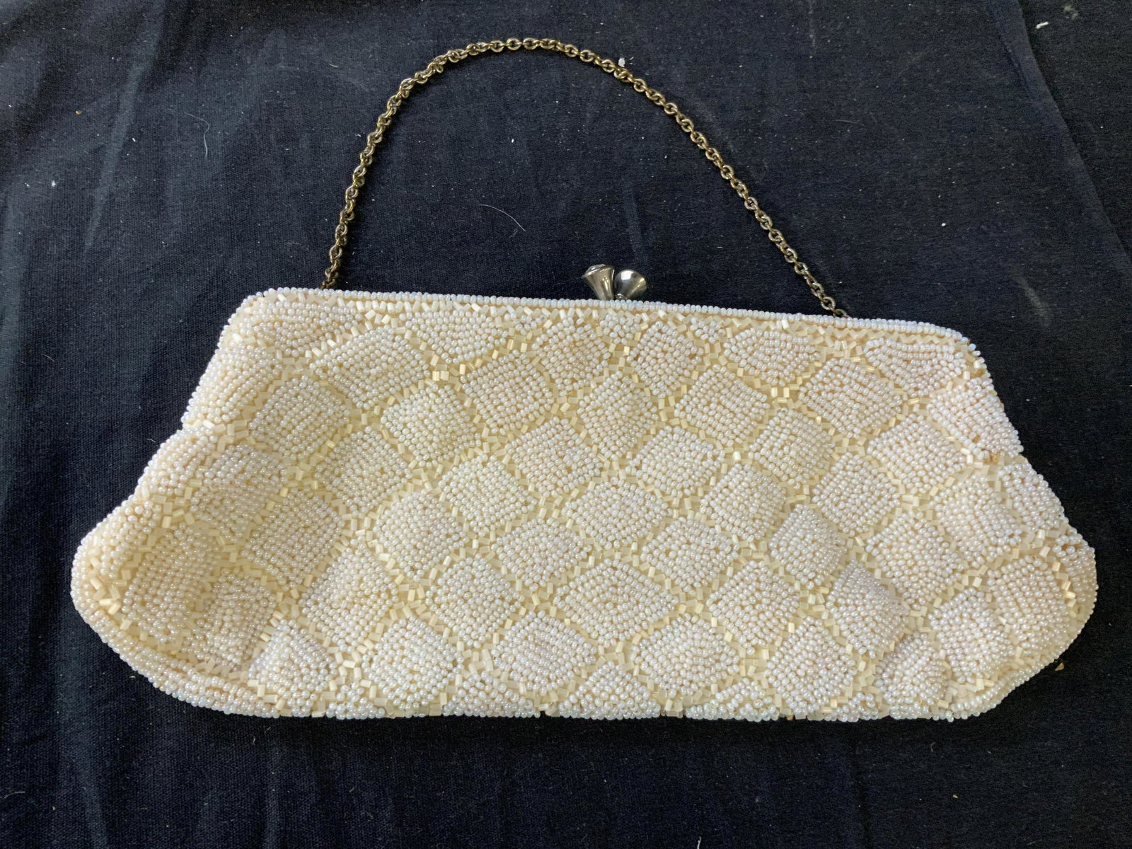 Vintage WALBORG Hand Made Purse, Germany: Beaded purse with micro beads in diamond pattern, snap clutch with rhinestones, inside label reads Made in West Germany, by Hand, WALBORG, collectible fashion accessory, collectible clutch bag, evenin