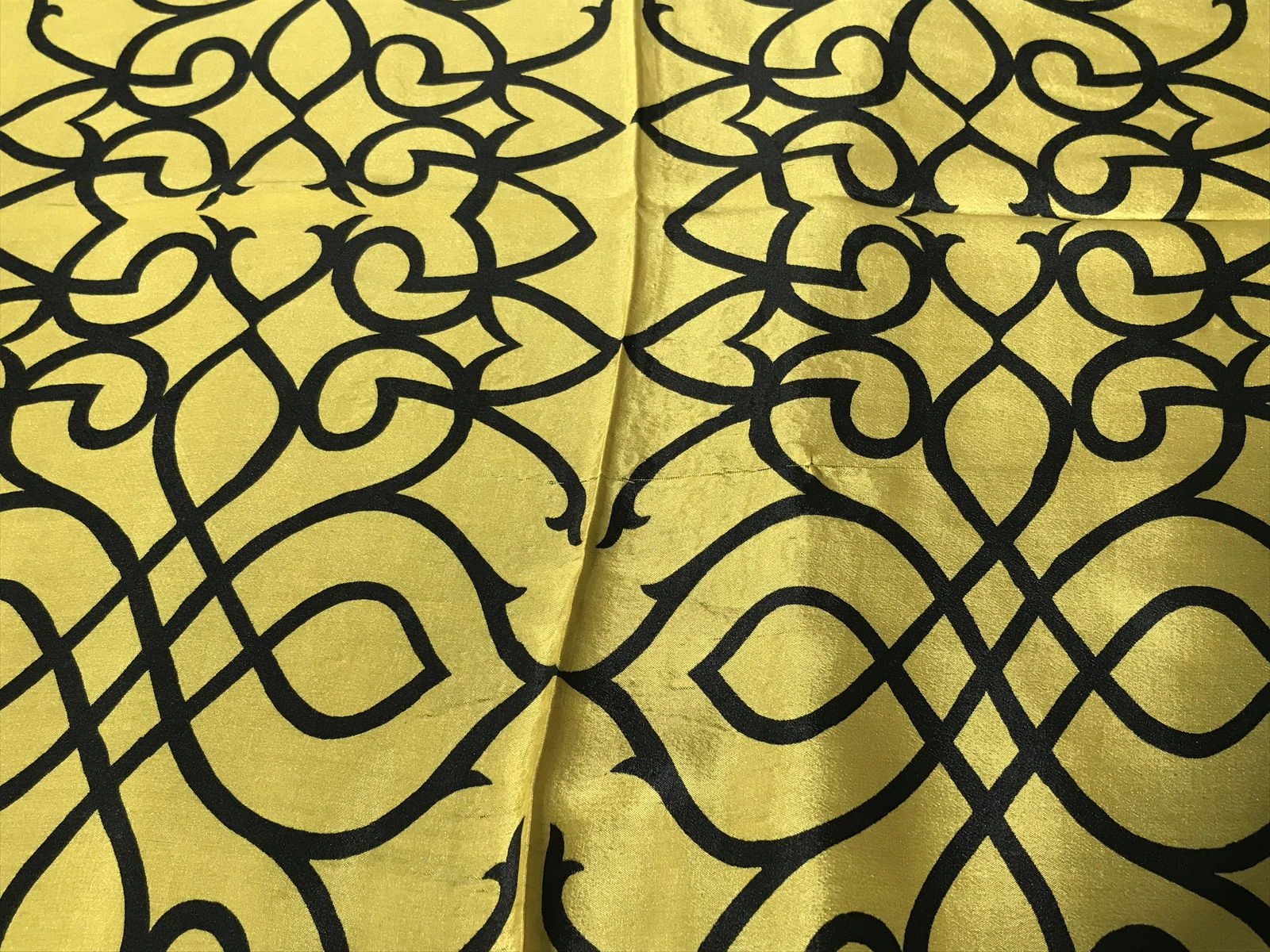 Vintage Black and Yellow Patterned Scarf: Vintage black and yellow patterned scarf, no label, no tag, fashion accessory, neck wear, head wear, sash, belt, echo, scarf, measures 30.5 inches square. 7