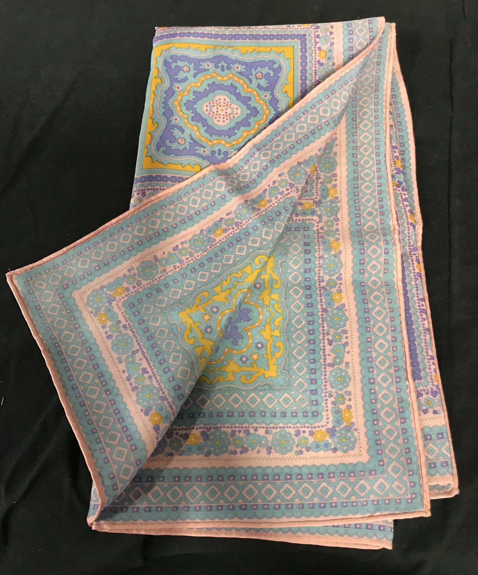 Vintage Pink and Purple Patterned Scarf: Vintage pink and purple patterned scarf. Scarf decorated with floral and damask style patterns, no tag, Fashion accessory, neck wear, head wear, sash, belt, echo, scarf, measures 26 inches square. 7