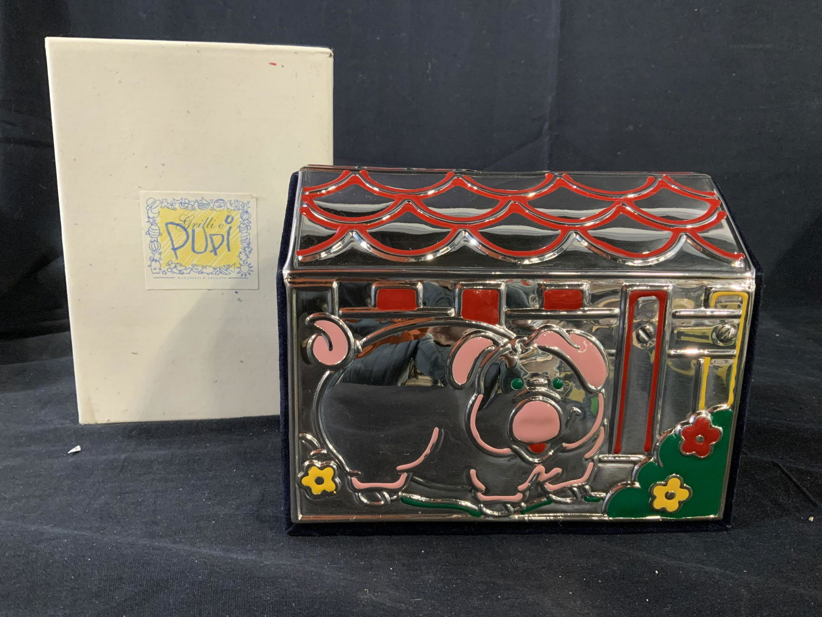 PUPI Vintage Piggy Bank Original Box: Label is illegible, like new condition, pig form on side of silver toned house, measures app ht 6 inches width 6.5 inches, ht 5.5 inches, decorative arts and accessories, home accent, tabletop decor