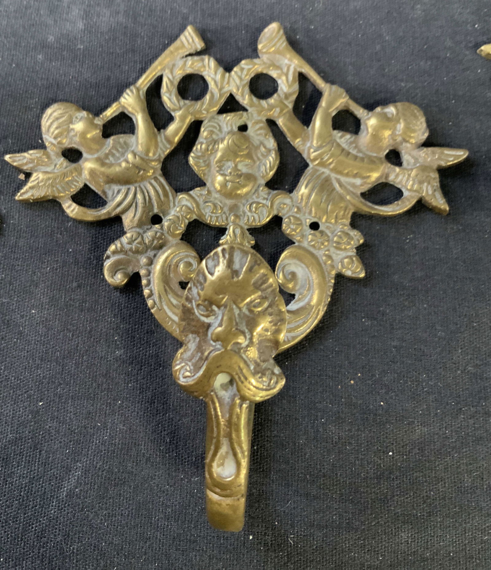 Collection Antique Brass Wall Accessories: Curtain tie backs, drape accessories, accents for window treatments, and two wall mount hooks, original to house built in 1900’s antique collectible brass hardware products, decorative objects, diam