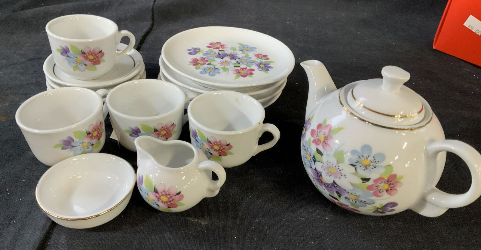 Roehler German Porcelain Miniature Tea Set: Tea set includes lidded tea pot ht 4 inches, four cups, four saucers, one sugar dish, one creamer, four plates diameter 4 inches , child’s tea set, tea time, German ceramics, child’s toys, collect