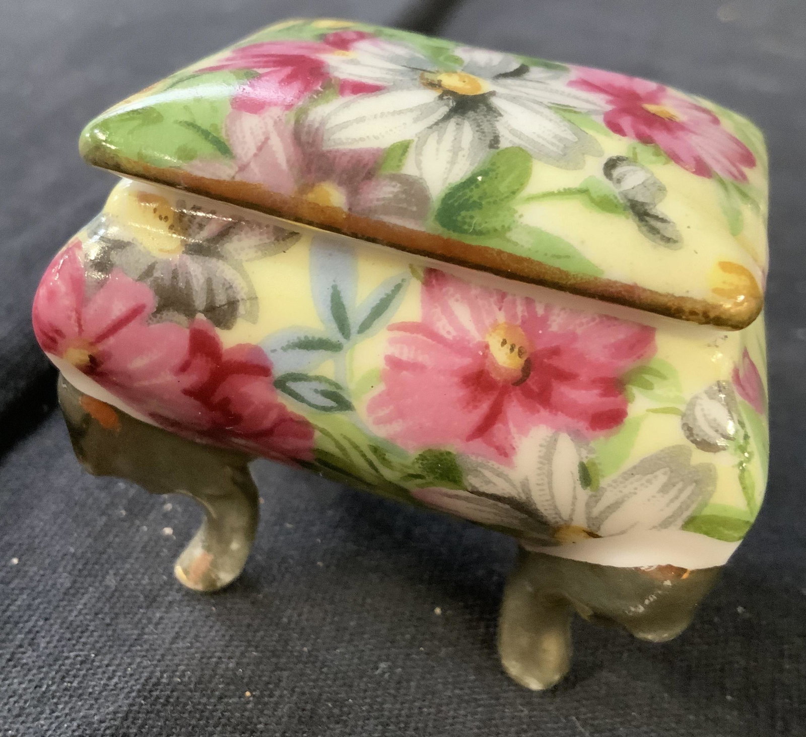 Three Porcelain Collectibles, France: Footed floral pill box, floral porcelain frame, Limoges France porcelain miniature frame with scene, collectibles, dress or top accessory pies, French porcelain, tallest measures app 3 inches
