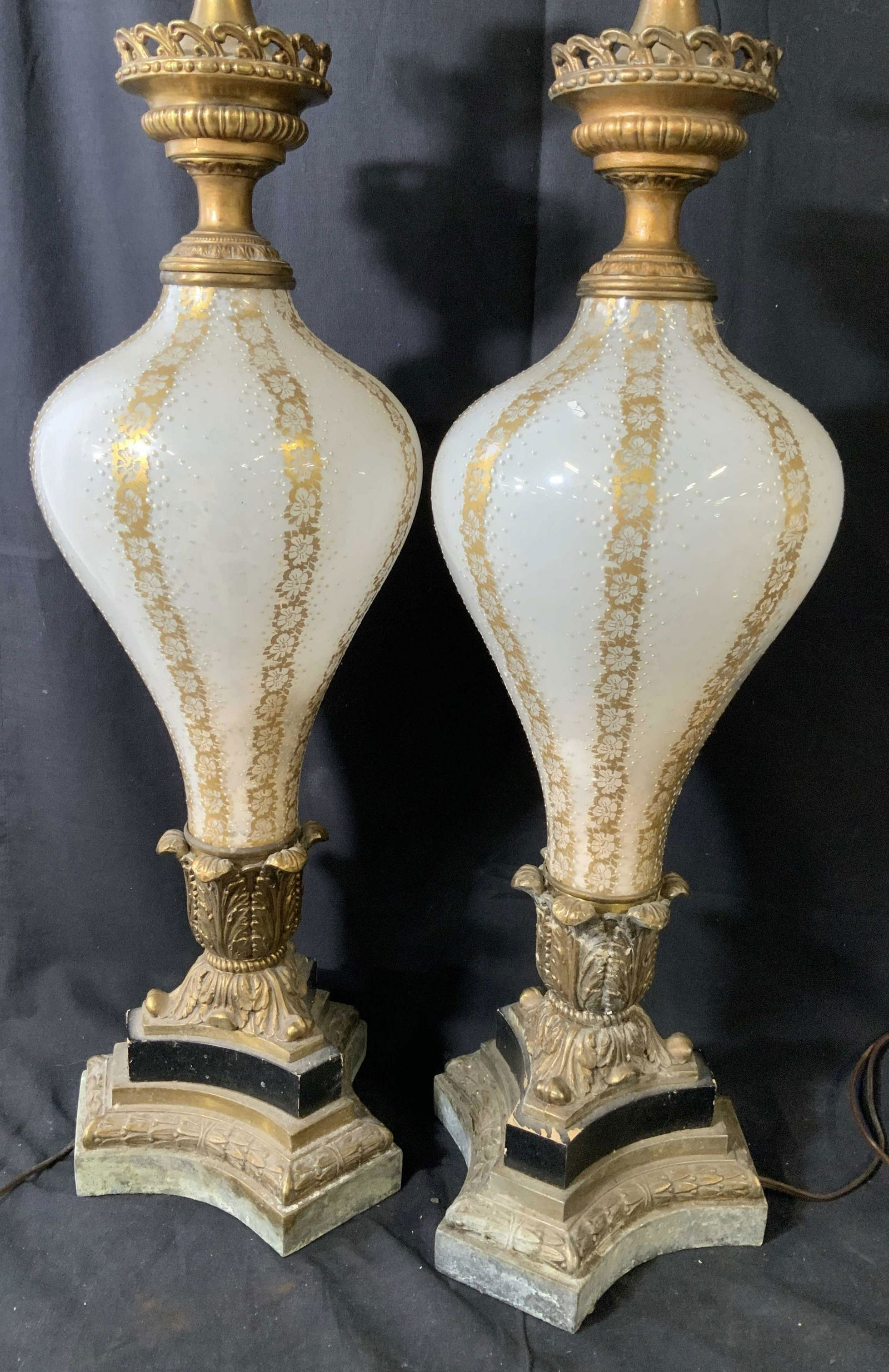 Pair Gilded Opalescent Glass Lamps: Vintage possibly antique painted glass lamps, gilded and white paste up, gilded metal bases and tops, each measures to socket ht 29 inches, home lighting, decorative arts and accessories