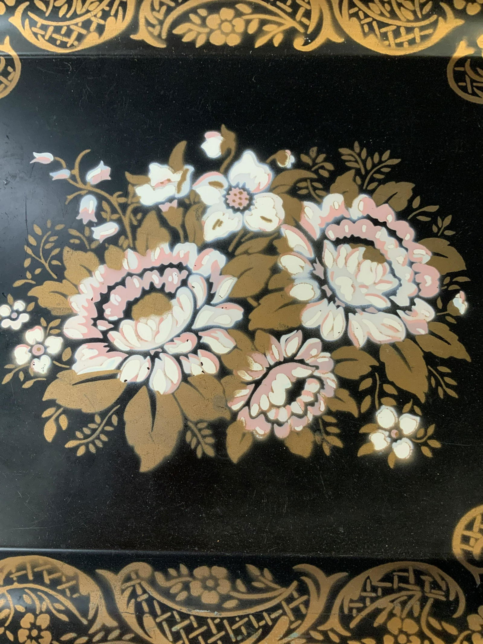 Hand Painted Metal Tray , Vintage: Possibly antique painted metal tray with gilded border and floral center design, measures app 15 by 20 inches, collectible Tole Ware, table ware, decorative object