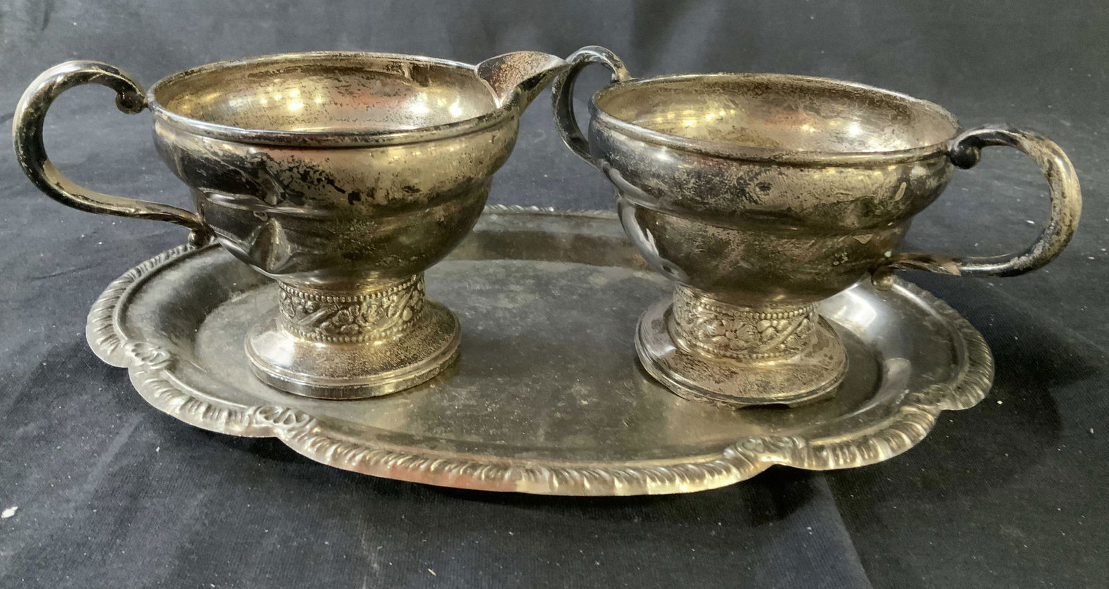 Sterling Silver Sugar Creamer w Under plate: Sterling silver table ware, sugar and creamer marked for weighted Sterling Silver, vintage possibly antique, underplate may be silver plated no markings found, set of three, table ware, creamer height
