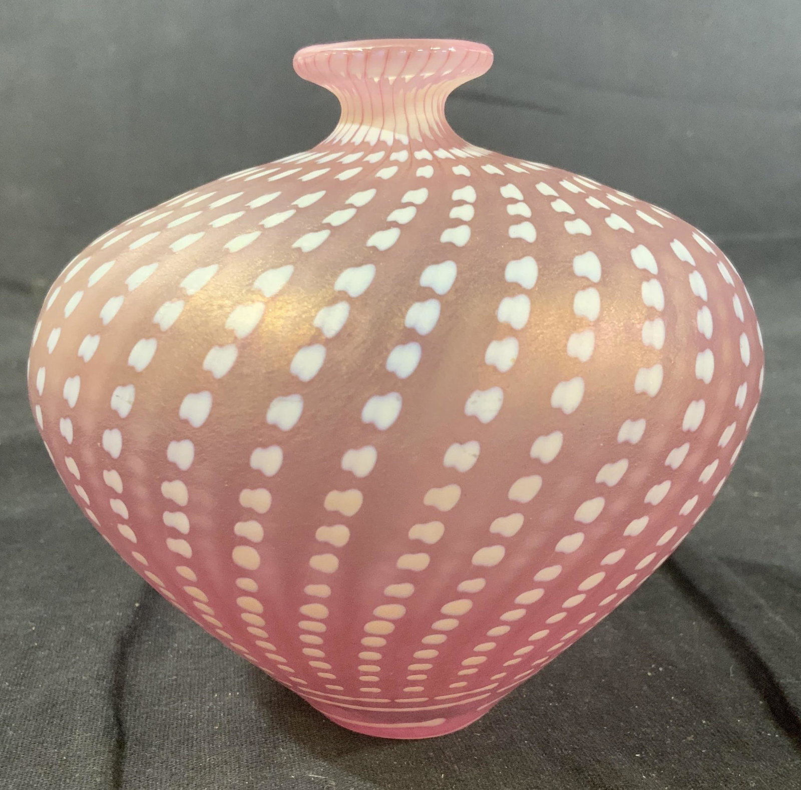 Kosta Boda Signed Numbered Swirled Art Glass: Art glass vase of white and pink swirled, hand signed on underside for Kosta Boda, numbered and artist signed illegibly, art glass, vase, vessel, decorative object, table ware, measures ht 5 inches di