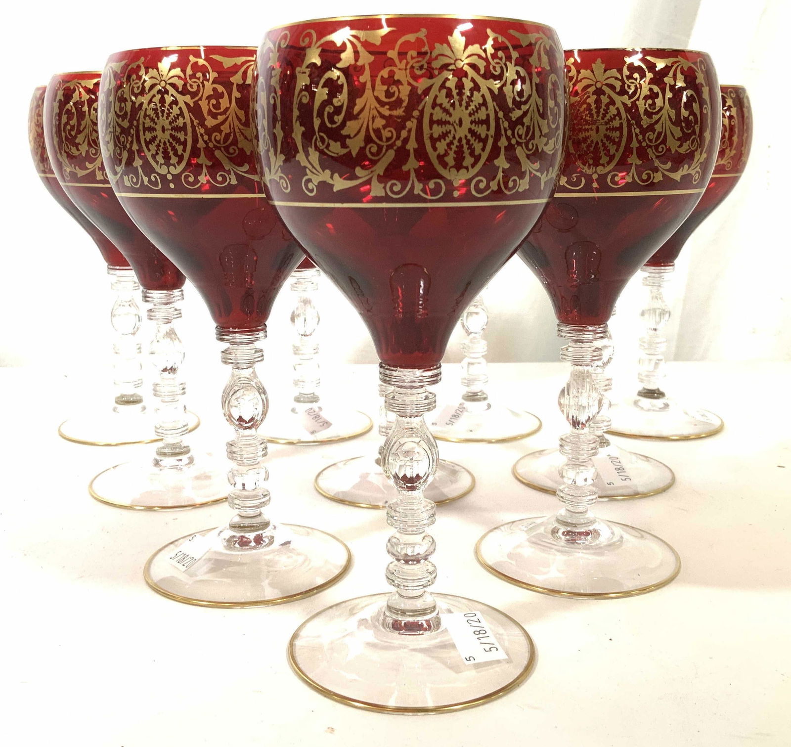 Set 10 Red Gold Bohemian Glass Stemware: Ornate bohenpmian glass red goblets with gold swirls, wine glasses, water glasses, crystal goblets, table ware, bar ware, collectible vintage Bohemian Glasses, set of 10 each measures ht app 8 inches
