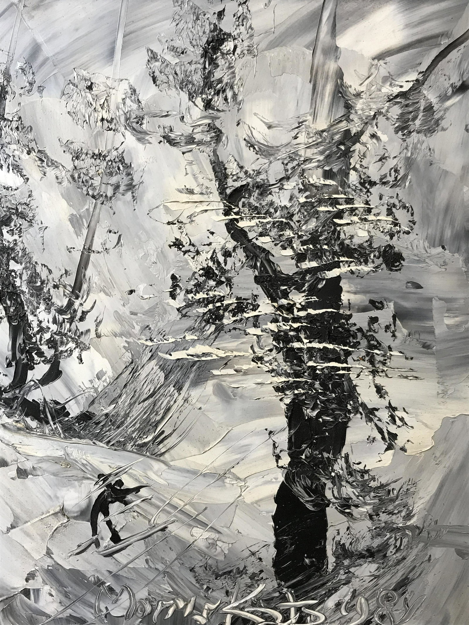 Signed Black and White Abstract Oil Morris Katz: Signed Oil on Wood Panel, signature across the bottom in thick impasto paint reads ‘Morris Katz’, date directly after signature reads ‘1984’, subject and abstract scene in black and white poss