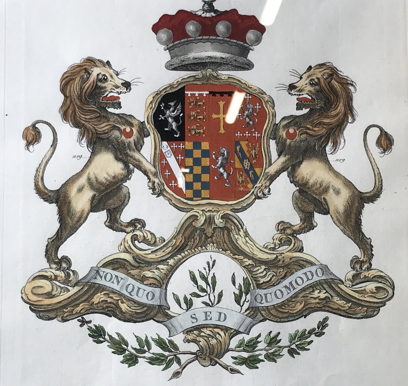 Antique Hand Colored Coat of Arms Engraving: Antique hand colored coat of arms engraving on paper, engraving displays a coat of arms as well as text, text reads ‘The Right Honorable John Griffin Griffin Baron Howard de Walden’’, John Griff