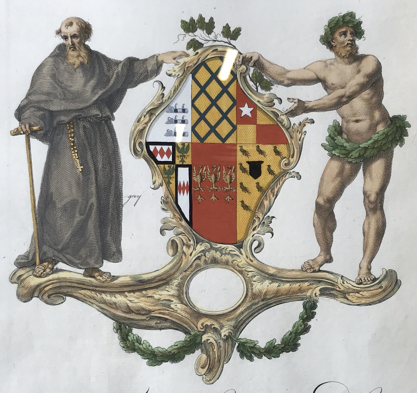 Antique Hand Colored Coat of Arms Engraving 18c.: Antique hand colored coat of arms engraving on paper, engraving displays a coat of arms as well as text, text reads ‘The Right Honorable Priscilla-Barbara-Elizabeth Bertie Baroness Willoughby of Ere