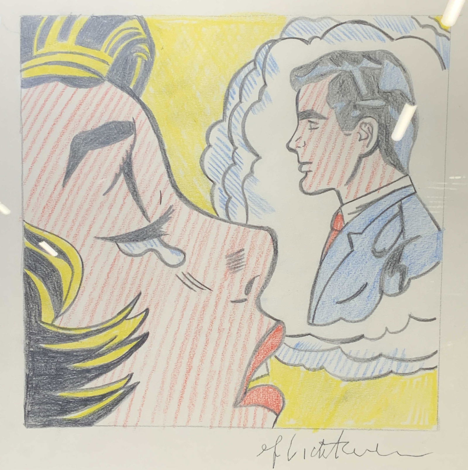 Signed Pencil Drawing ATTR Roy Lichtenstein: Signed colored pencil drawing on heavy weight paper, signed in pencil lower right corner Of Lichtenstein, subject woman dreaming of man, pop art style, comic book style, primary color palette, paper i