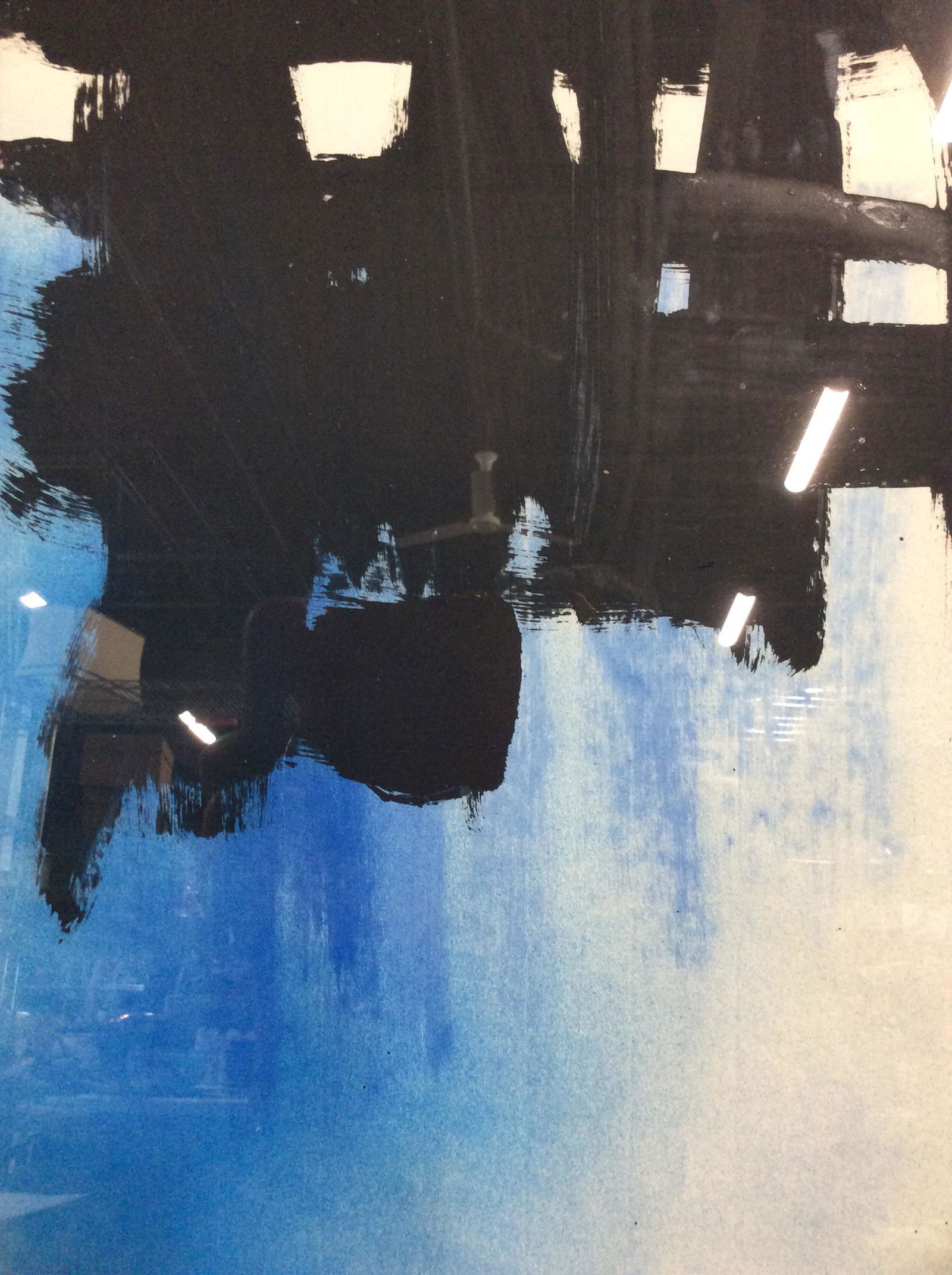 Signed Acrylic on Paper AFTER Franz Kline: Signed Acrylic on paper and mixed media, abstract art, features signature thick black lines on a blue and white background, Signed in paint in lower right corner KLINE, wooden frame, frame in good con