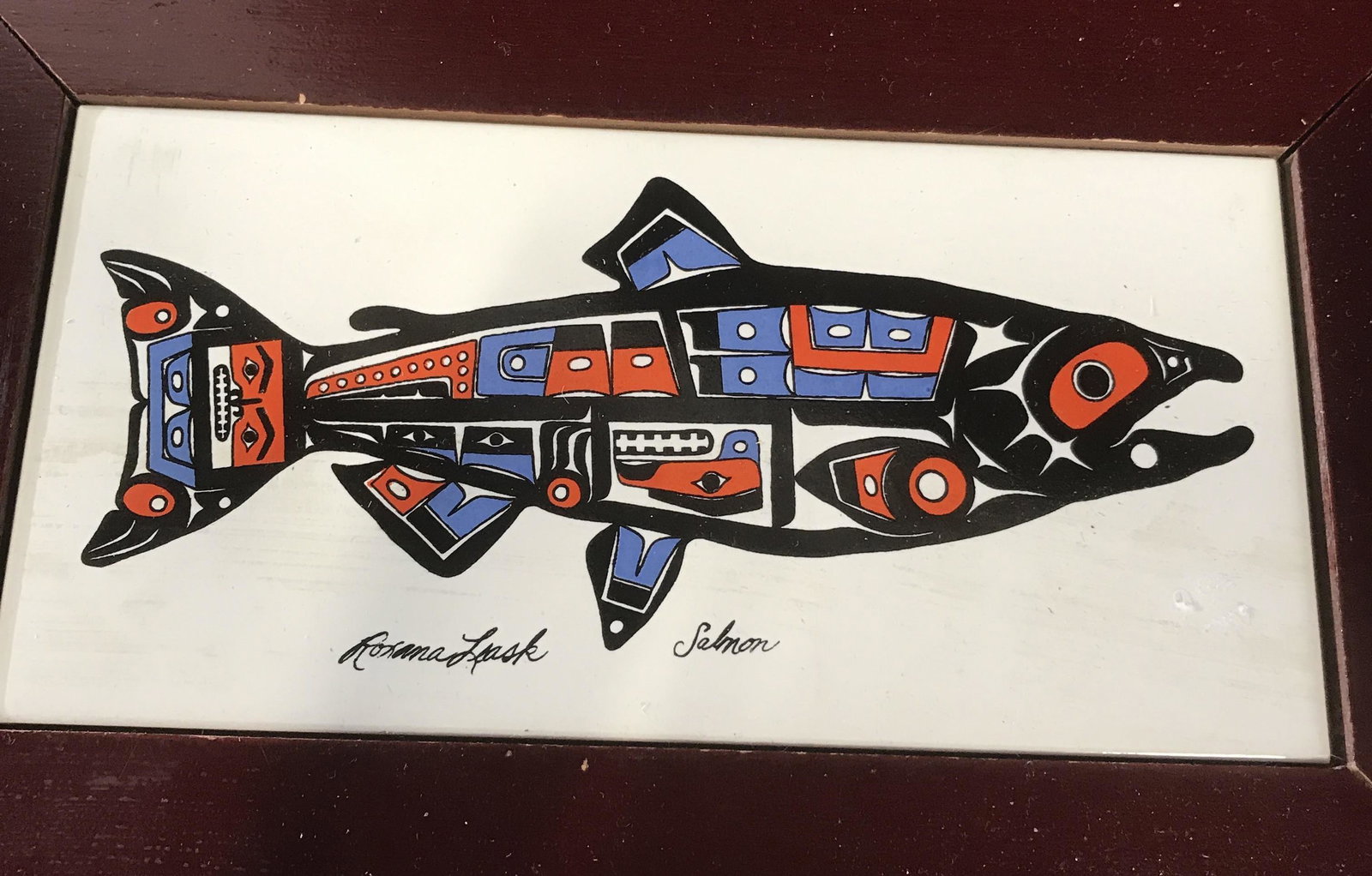 Artist signed Painted Wood Box, Roxana Leask: Wood box signed on lid Roxana Leask, titled Salmon, box measures app 8 by 12 inch top, ht app 2.5 inches, jewelry box, keep sake box,table top accessory, decorative arts, native american artist, triba