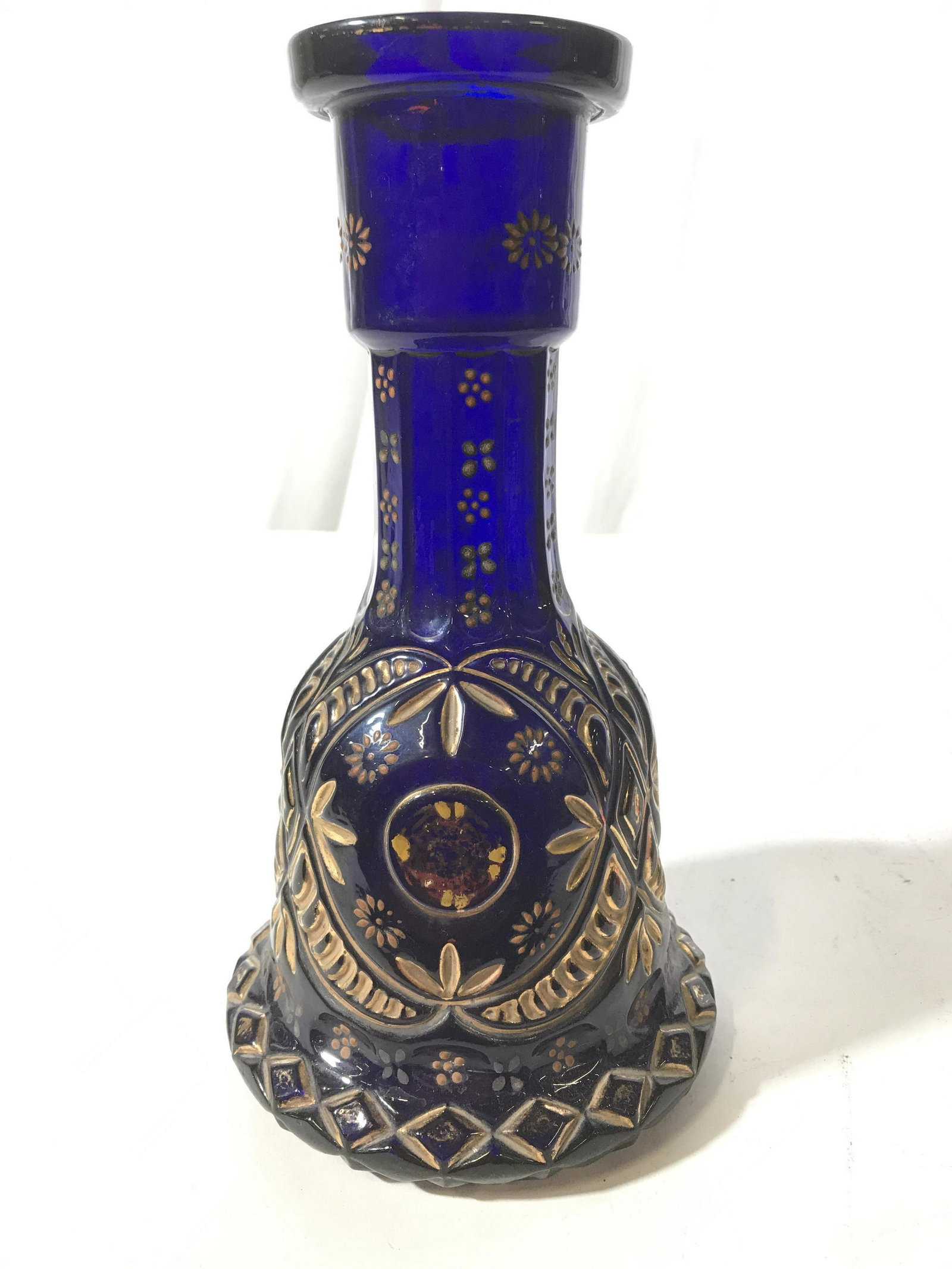 Antique Blue Glass Gilded Vase: Vintage possibly antique vase,royal blue toned glass with etching and hand painted gold design, bohemian glass, art glass, vase, vessel, tableware, measures app 10 inches ht by diameter app 6 inches