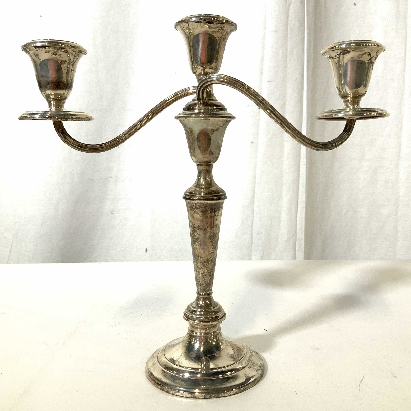 GORHAM Sterling Silver Candelabra: GORHAM sterling silver three arm candelabra , top removes top create single candlestick, , table ware, sterling silver decorative arts, measures ht app12 inches width app 12.5 inches base diameter app