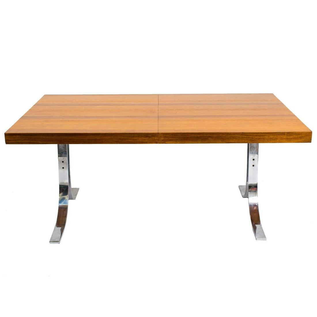 DYRLUND Dining Table Steel Base Polished Wood: Circa 1970’s dining table by designer DYRLUND, Denmark, label on underside for DRYLUND, made in Denmark,vintage table, mid century modern table, MCM dining Table, architectural style, solid piece ha
