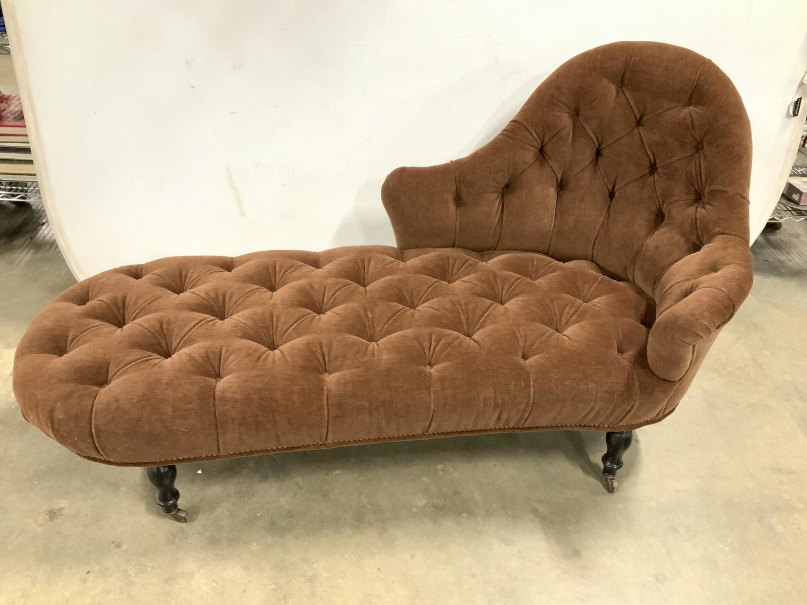 Antique Victorian Button Tufted Chaise Lounge: Faupinting Couch, Setee, Chaise lounge chair, Recamier bench, seating, bedroom furniture, living room furniture, newly upholstered in silk velvet, rich chocolate brown brass nail head trim, chaise lou