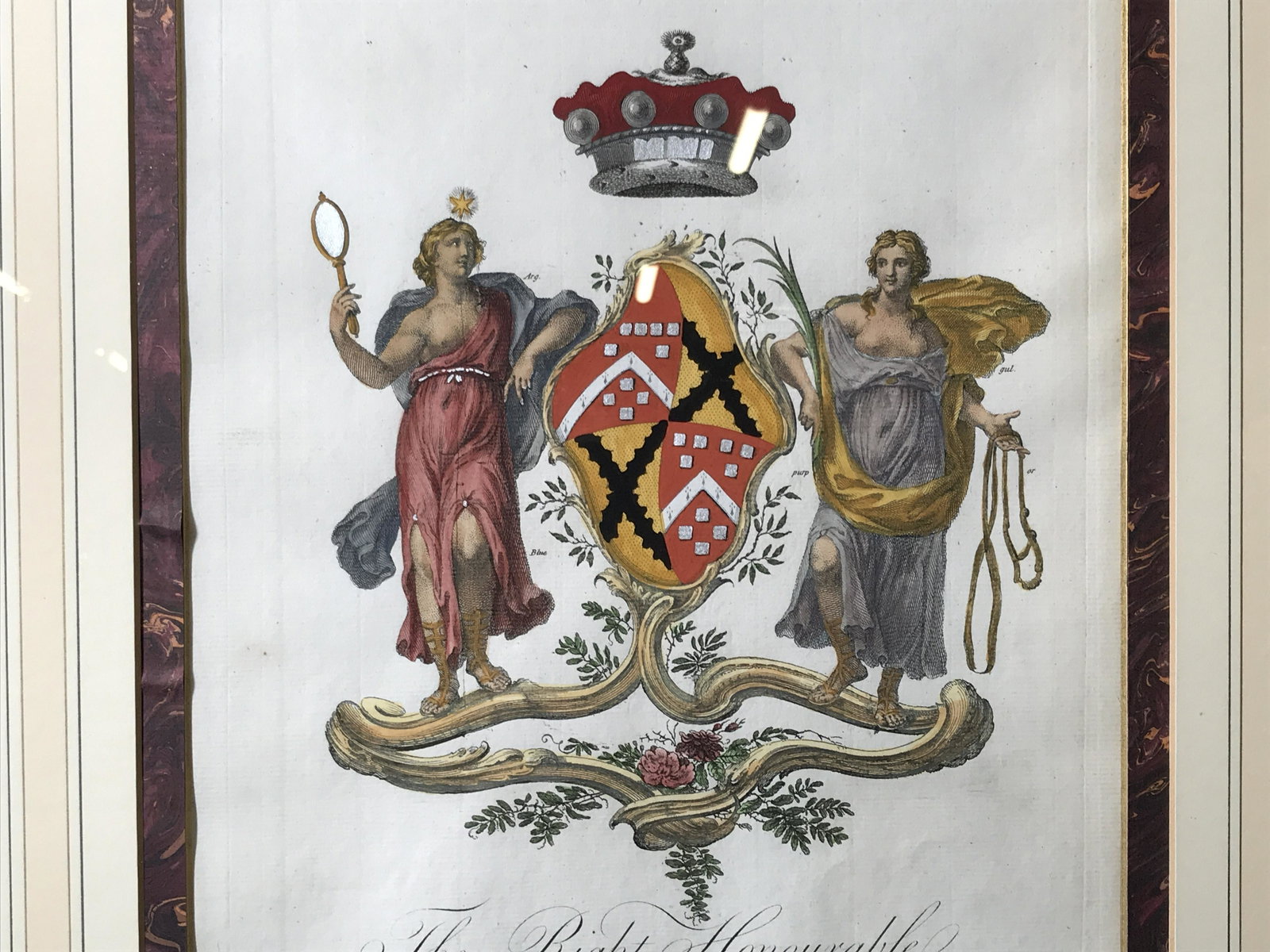 Antique Hand Colored Coat of Arms Engraving c.18th: Antique hand colored coat of arms engraving on paper, engraving displays a coat of arms as well as text, text reads ‘The Right Honourable Elizabeth Berkeley Baronels Botetourt’, Elizabeth Berkeley