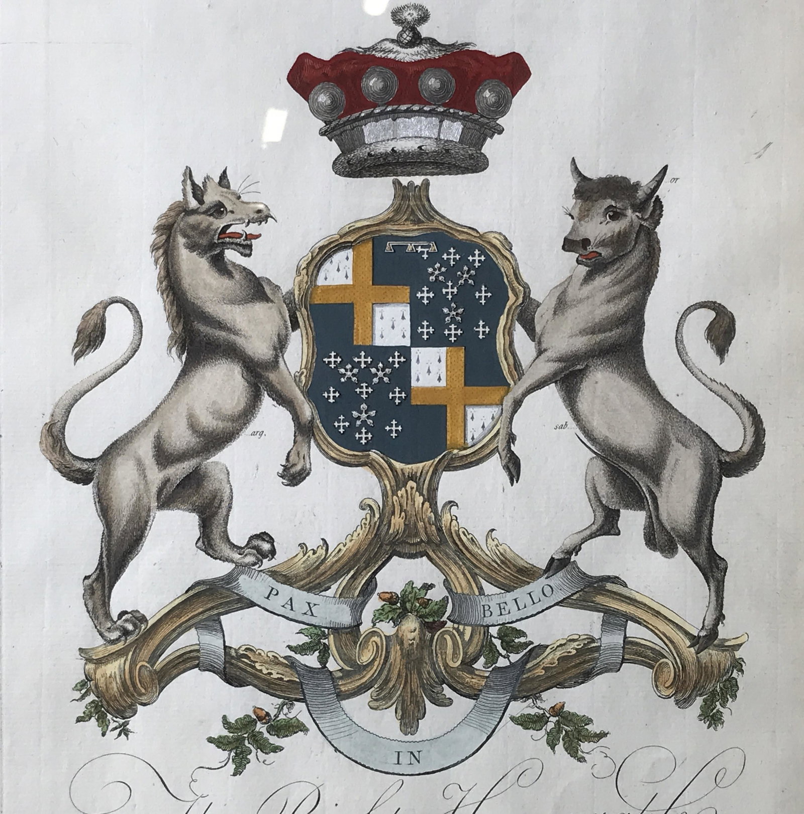 Antique Hand Colored Coat of Arms Engraving: Antique hand colored coat of arms engraving on paper, engraving displays a coat of arms as well as text, text reads ‘The Right Honourable George William-FredrickOsborne Baron Osborne Baron Comyers o