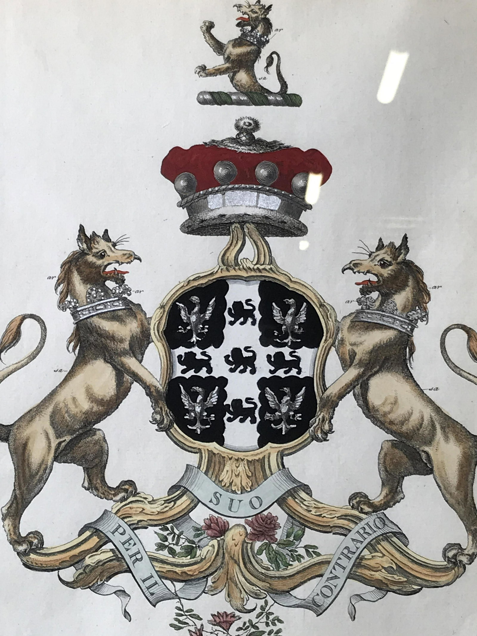 Antique Hand Colored Coat of Arms Engraving: Antique hand colored coat of arms engraving on paper, engraving displays a coat of arms as well as text, text reads ‘The Right Honourable Henry Page Baron Paget of Beaudesert and Baronet’, Henry P